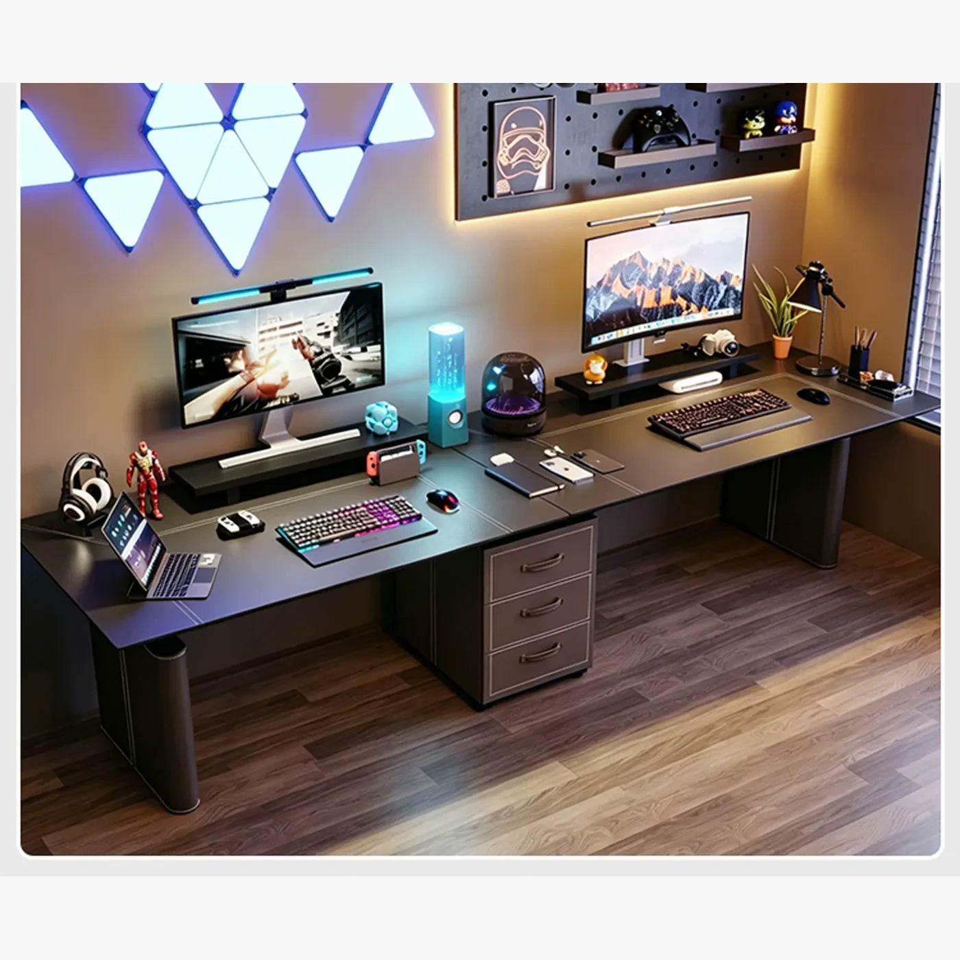 wide black saddle leather standing desk with single side cabinet