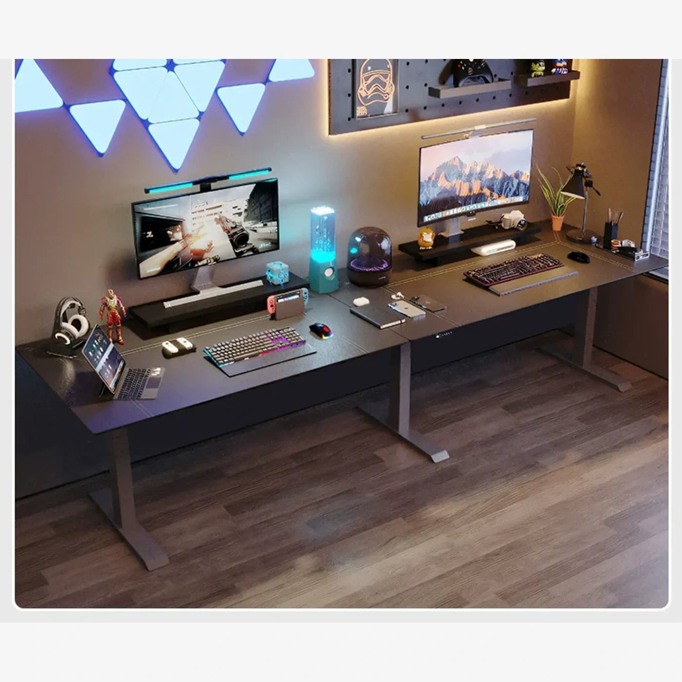 black saddle leather two-person electric standing desk with T-leg frame
