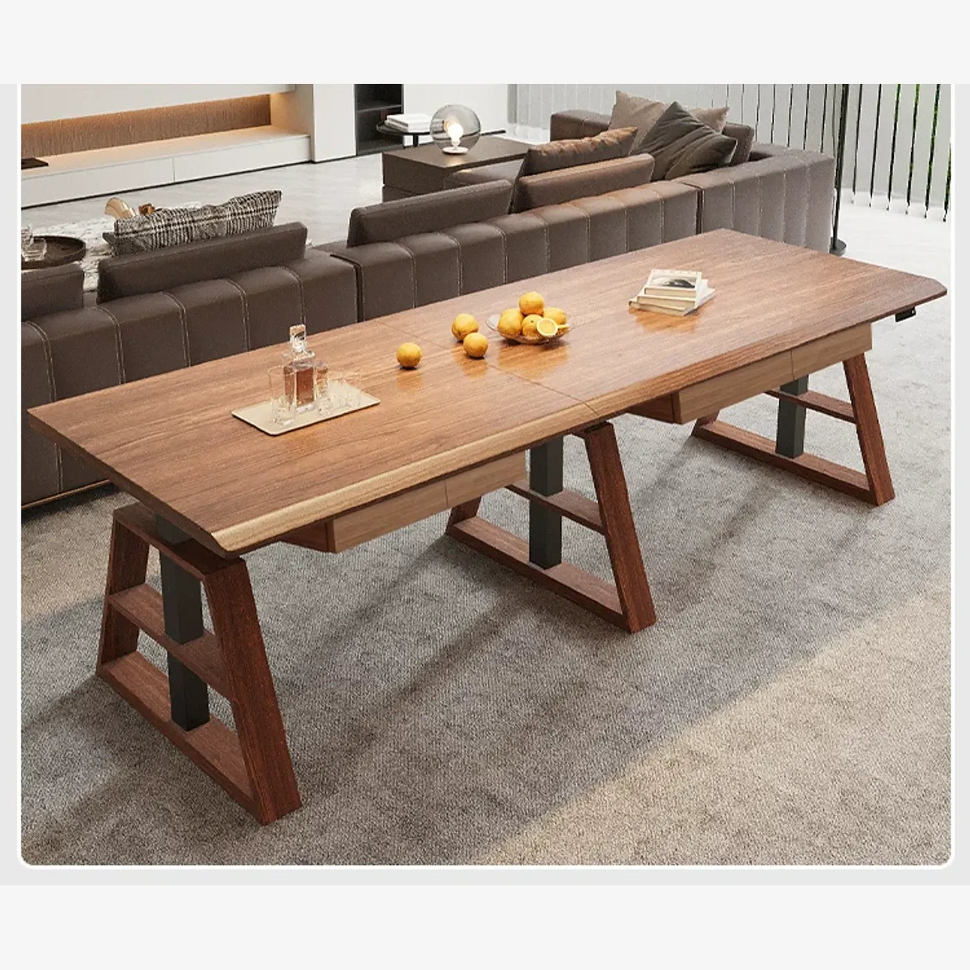 walnut solid wood standing desk with ash A-legs and four drawers