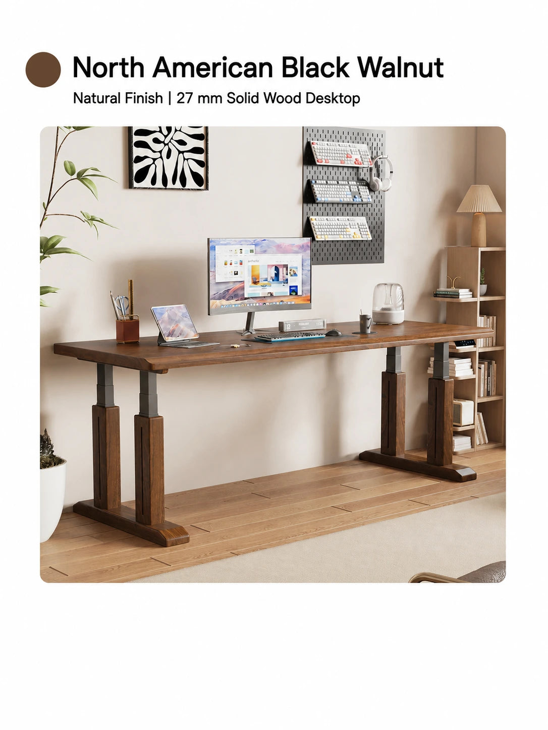 TT27 black walnut electric standing desk with natural finish and 27 mm desktop