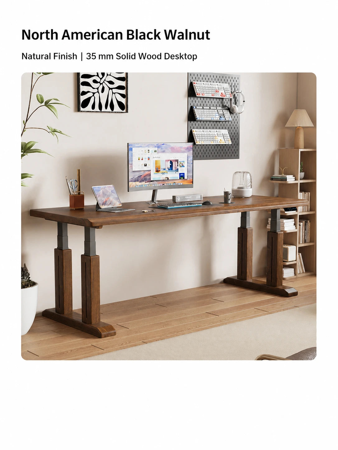 TT27 black walnut electric standing desk with natural finish and 35 mm desktop