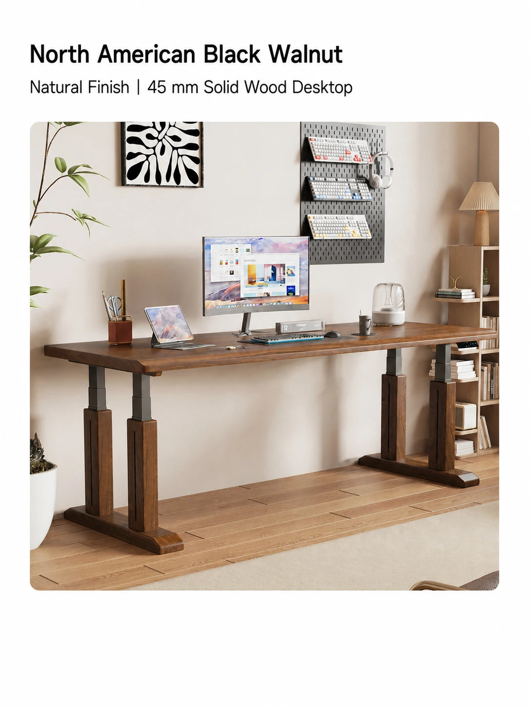 TT27 black walnut electric standing desk with natural finish and 45 mm desktop