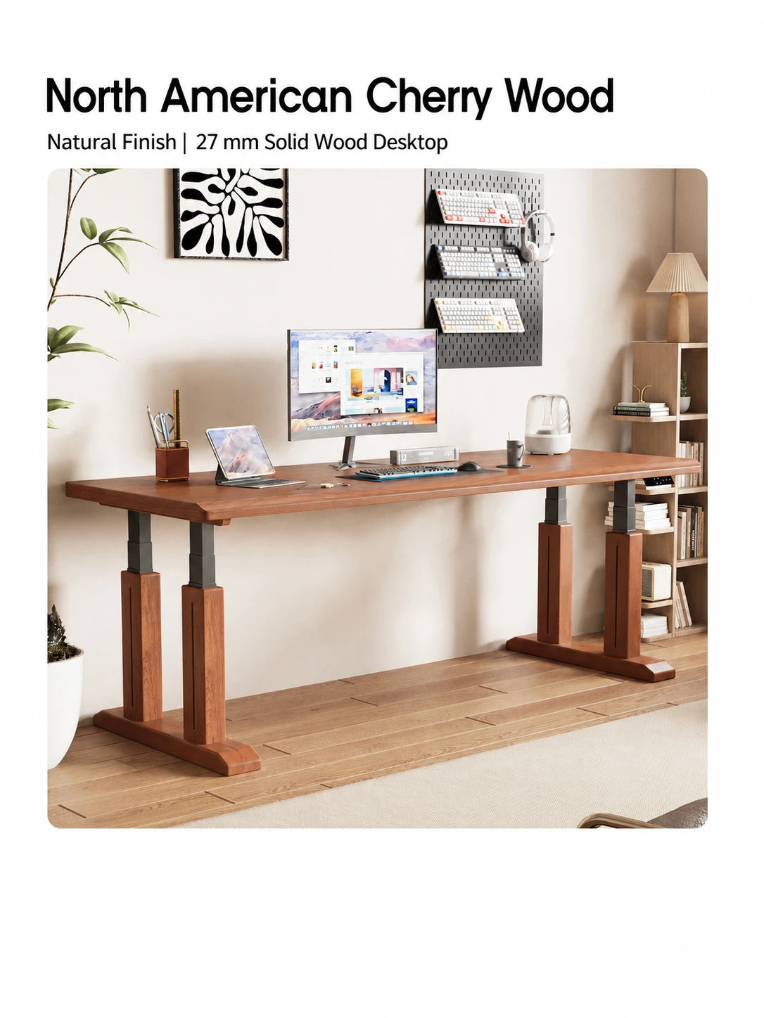 TT27 cherry wood electric standing desk with natural finish and 27 mm desktop