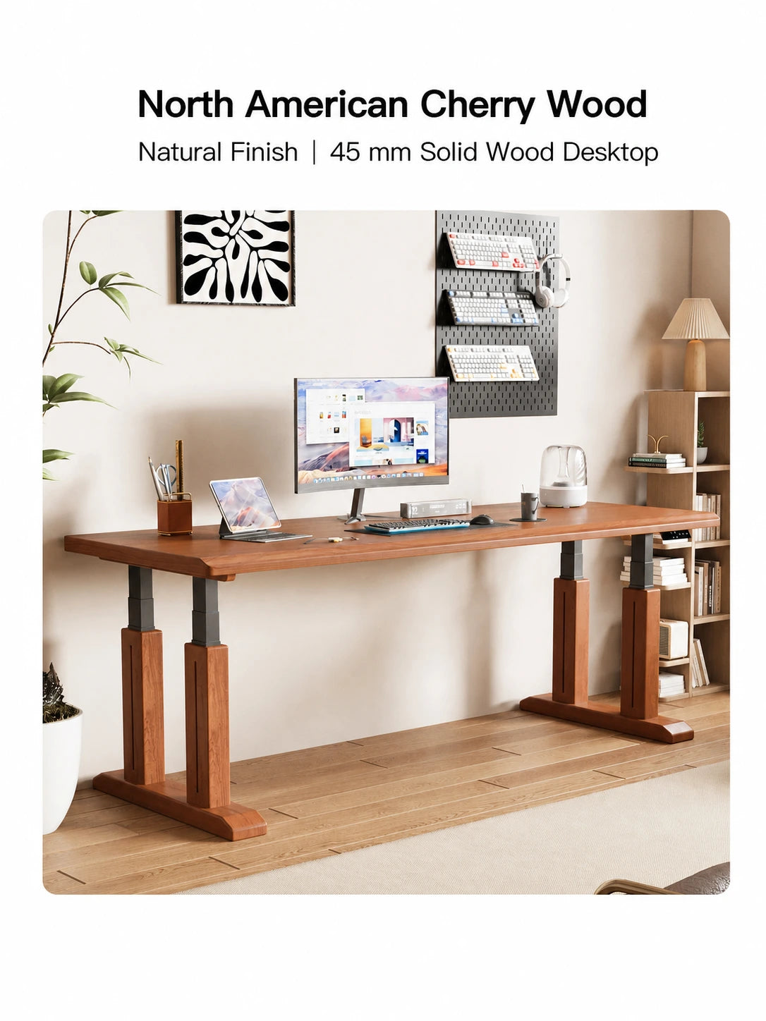 TT27 cherry wood electric standing desk with natural finish and 45 mm desktop
