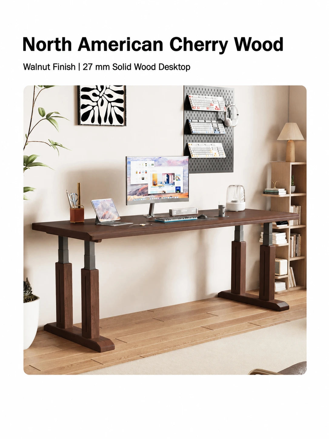 TT27 cherry wood electric standing desk with walnut finish and 27 mm desktop