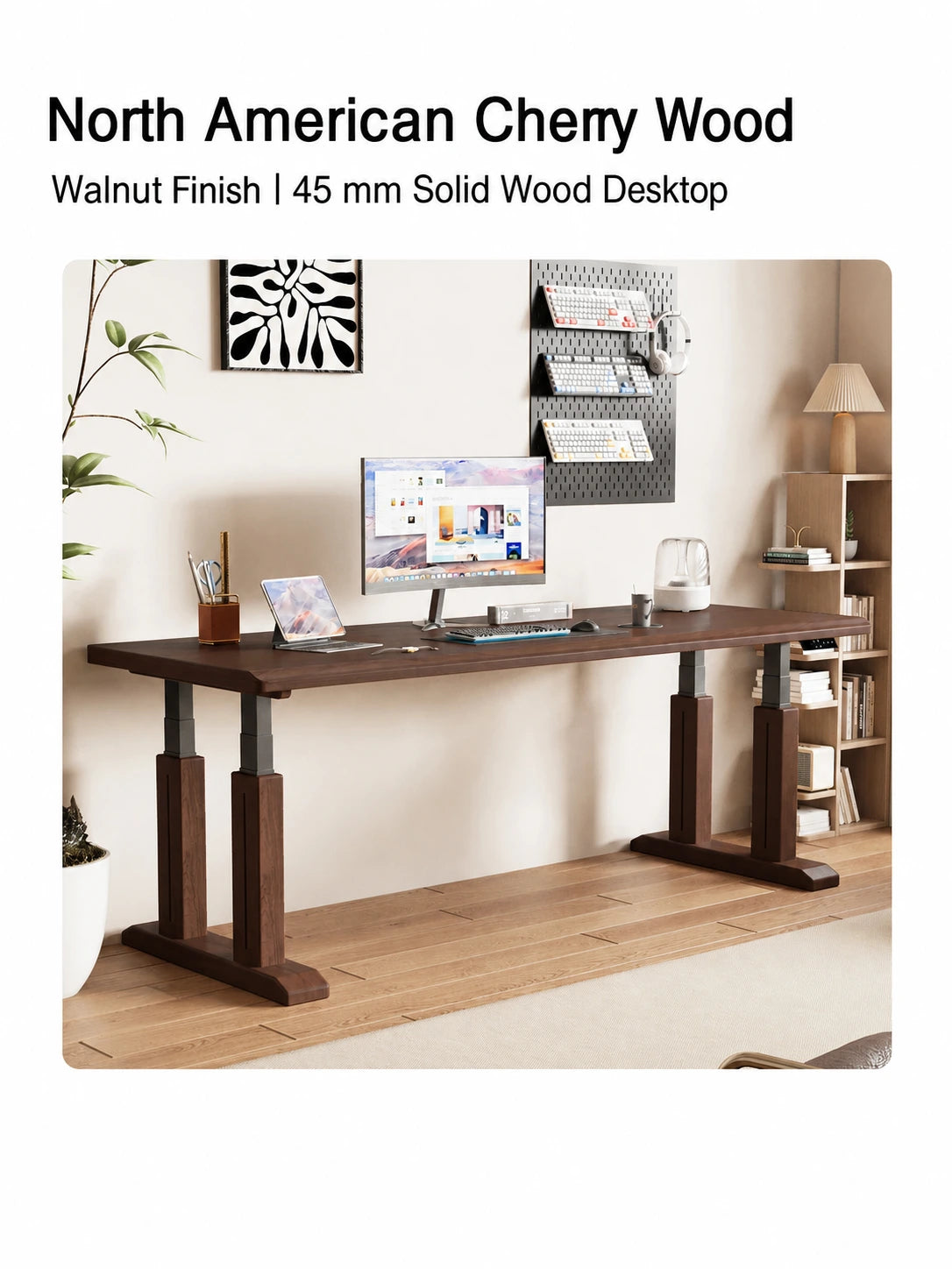 TT27 cherry wood electric standing desk with walnut finish and 45 mm desktop
