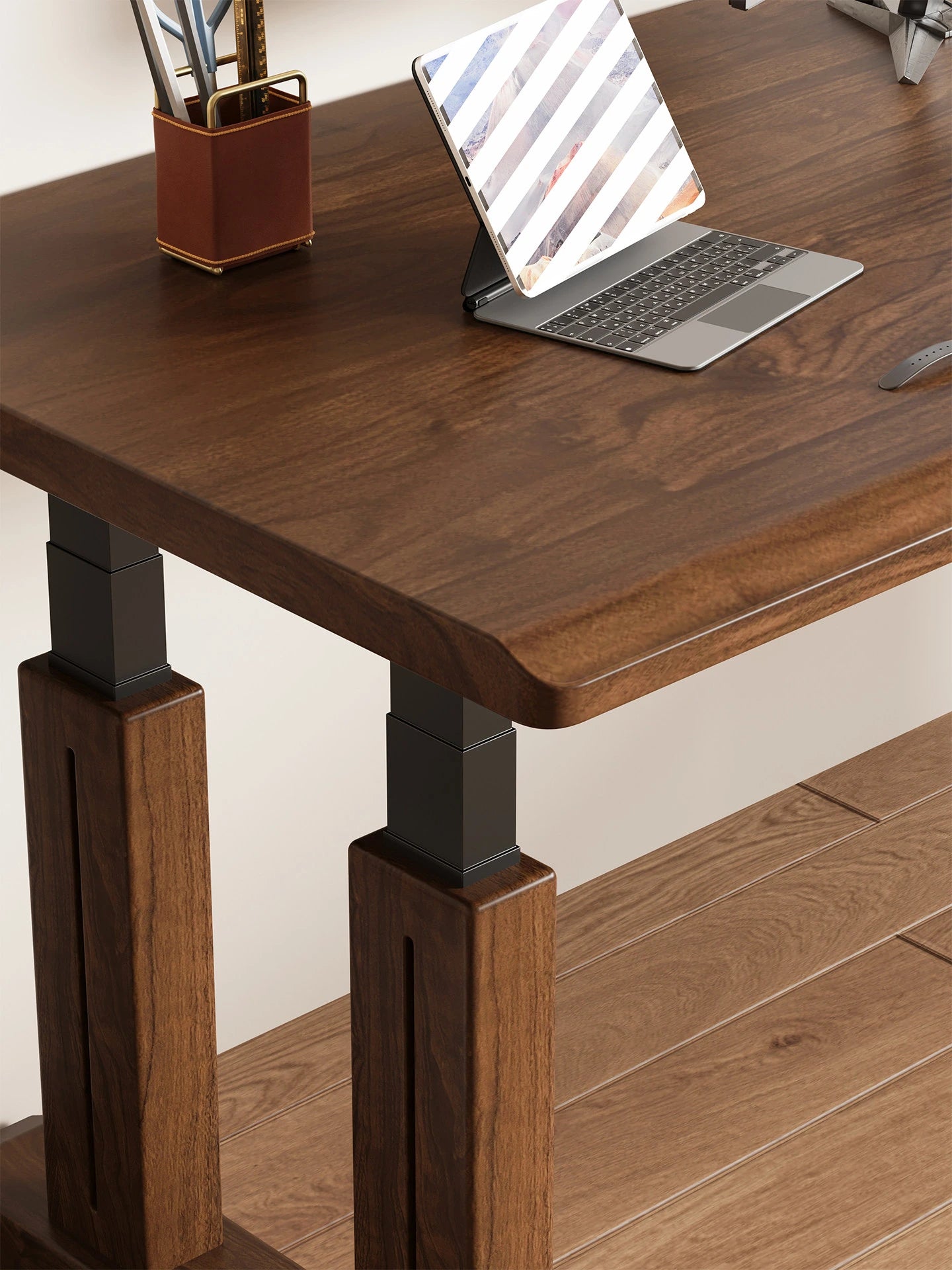 TT27 electric standing desk showing the solid wood desktop and lift frame