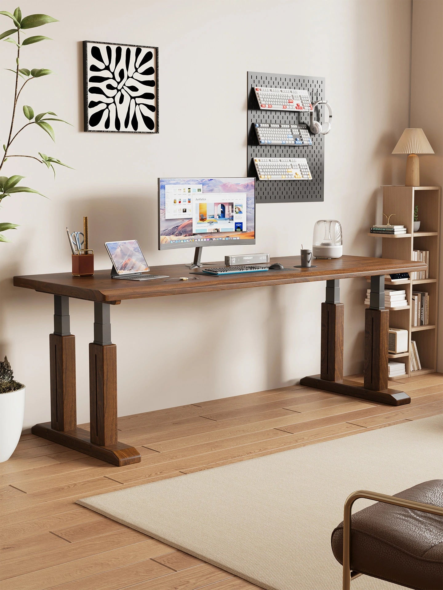 TT27 height adjustable solid wood desk arranged as a wide workspace