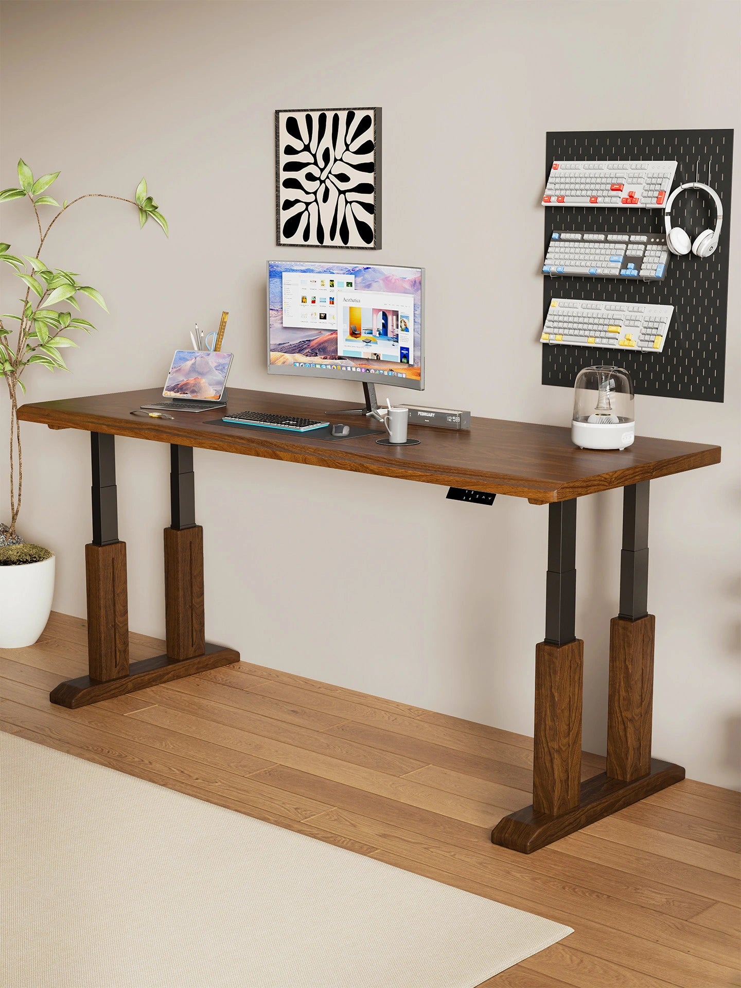 TT27 walnut electric standing desk with furniture-style wood-clad legs