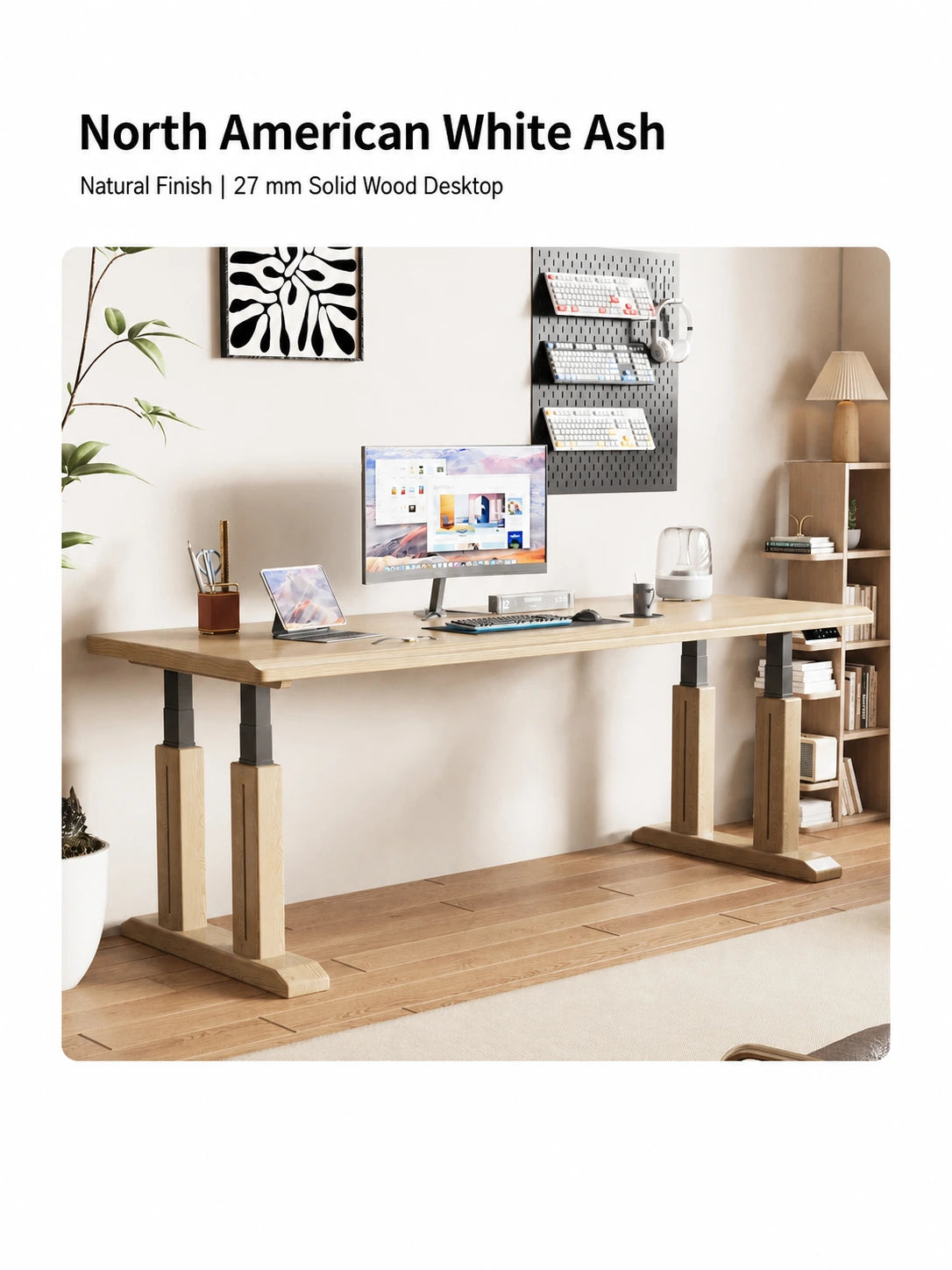 TT27 white ash electric standing desk with natural finish and 27 mm desktop