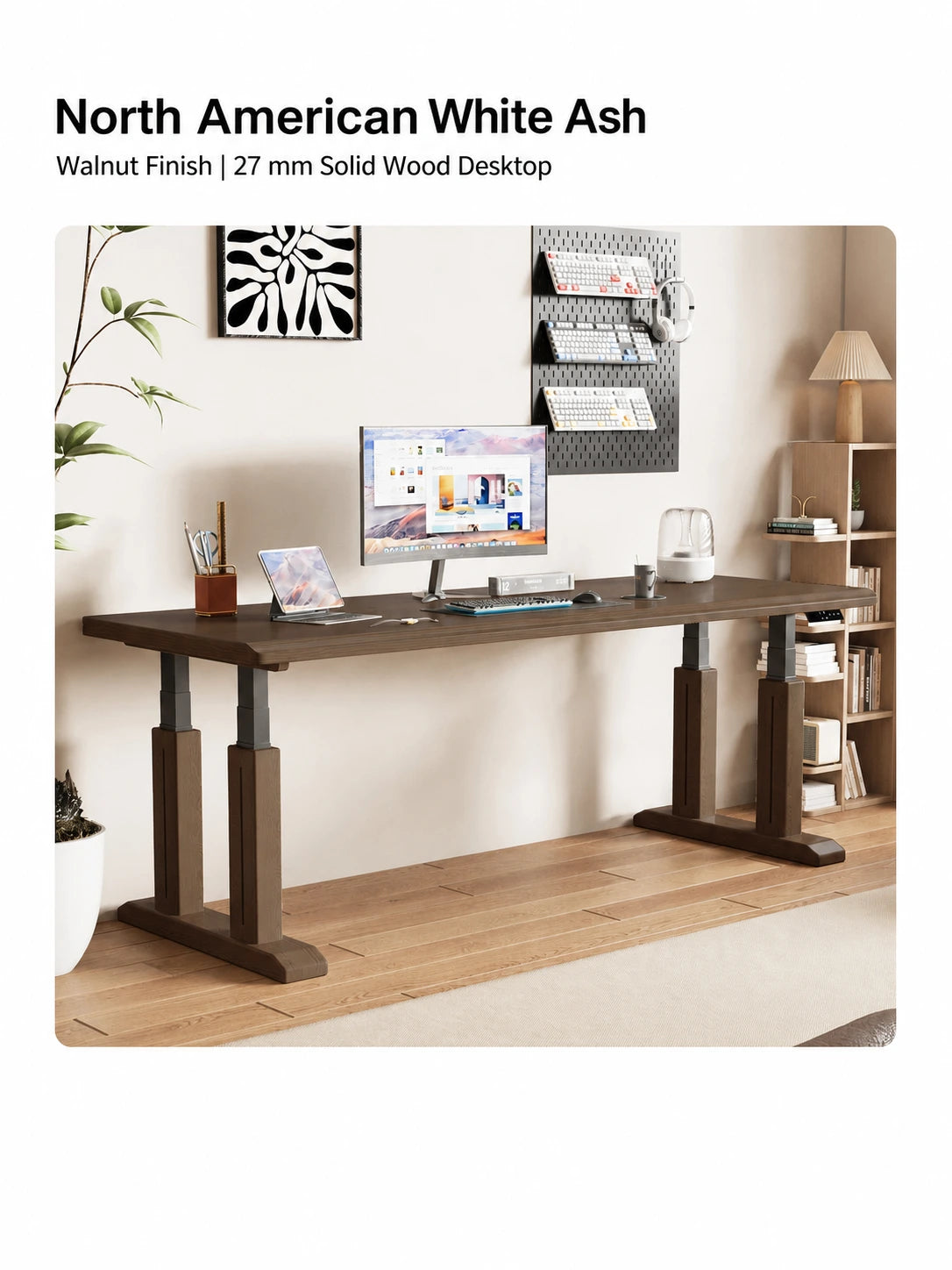 TT27 white ash electric standing desk with walnut finish and 27 mm desktop