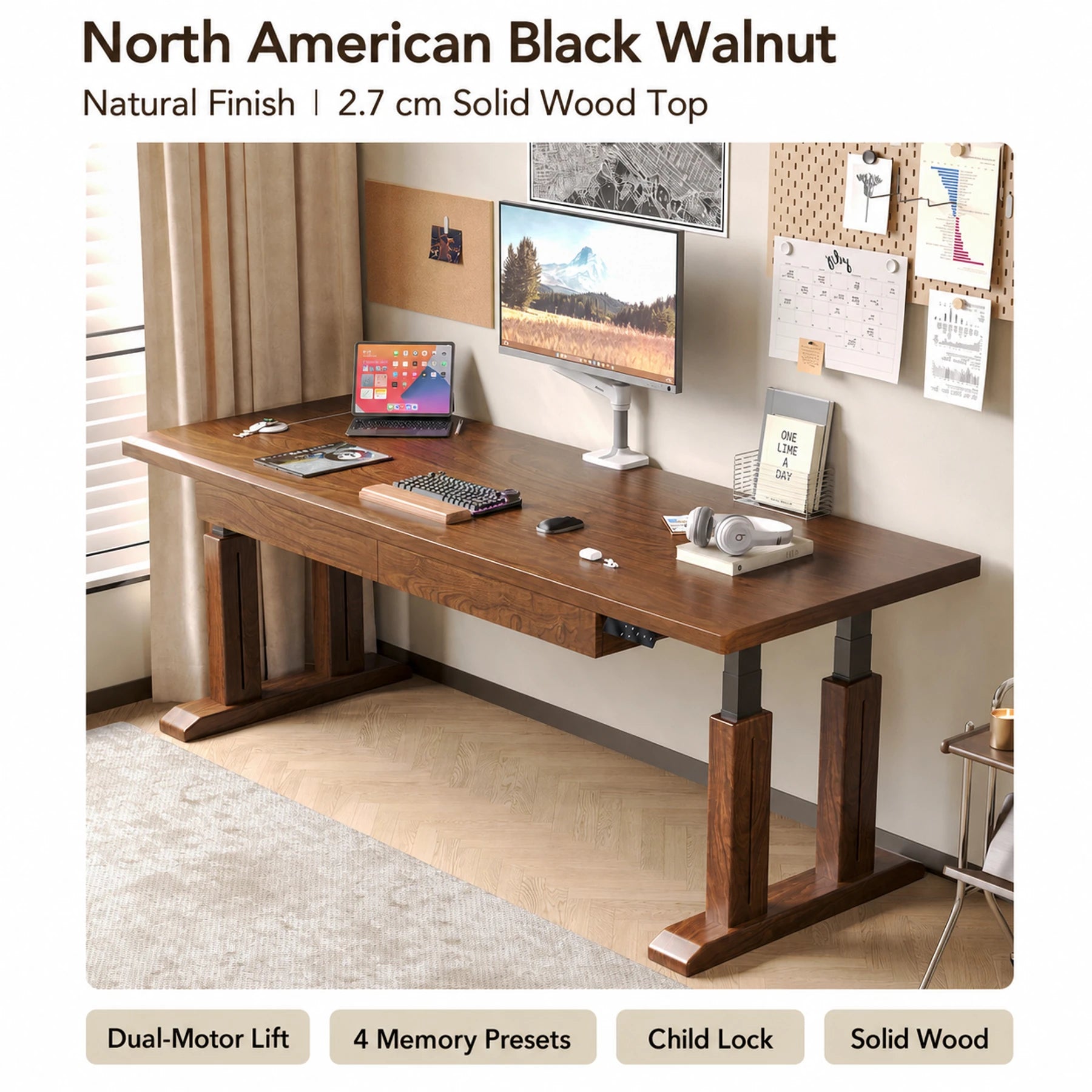 TT28 black walnut electric standing desk with wood-clad legs