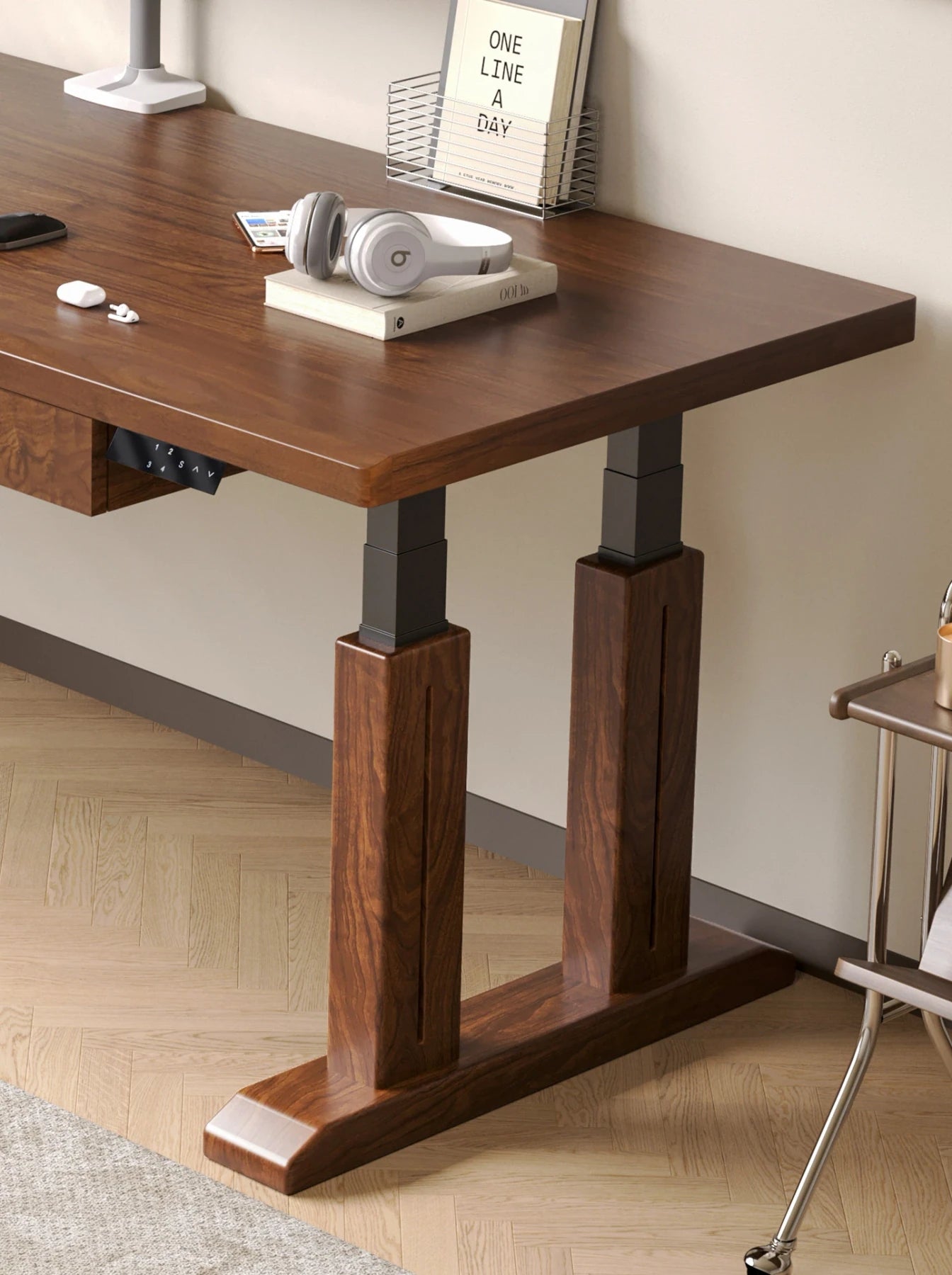 TT28 electric standing desk with coordinated wood-clad T-legs