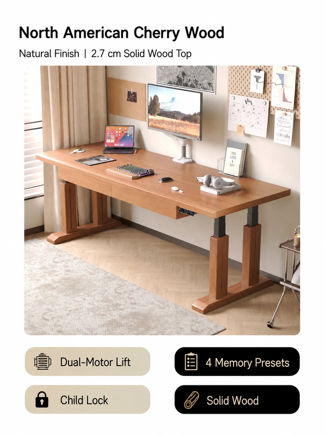 TT28 natural cherry electric standing desk with wood-clad legs