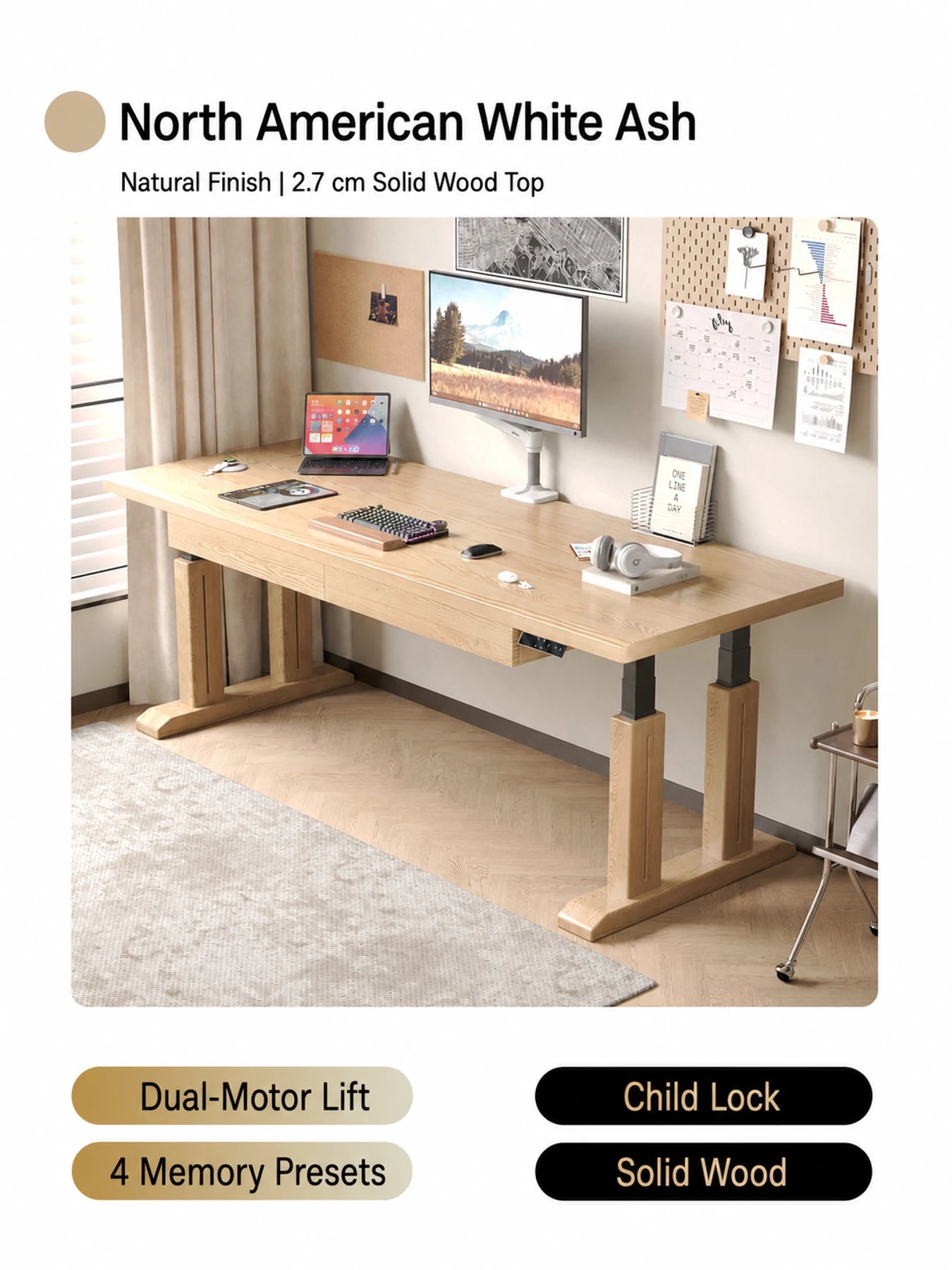 TT28 natural white ash electric standing desk with wood-clad legs