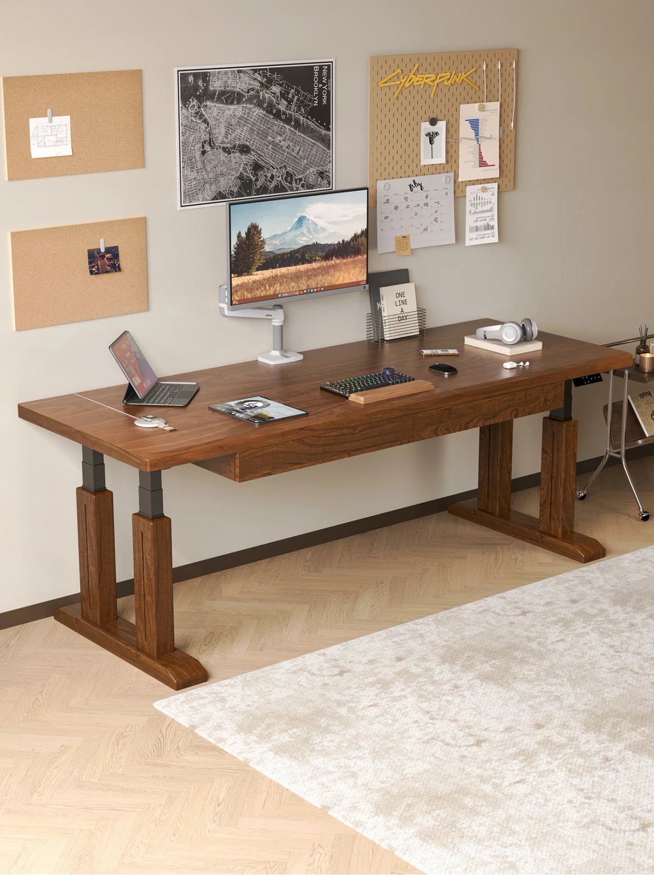 TT28 solid wood electric standing desk in a modern home office