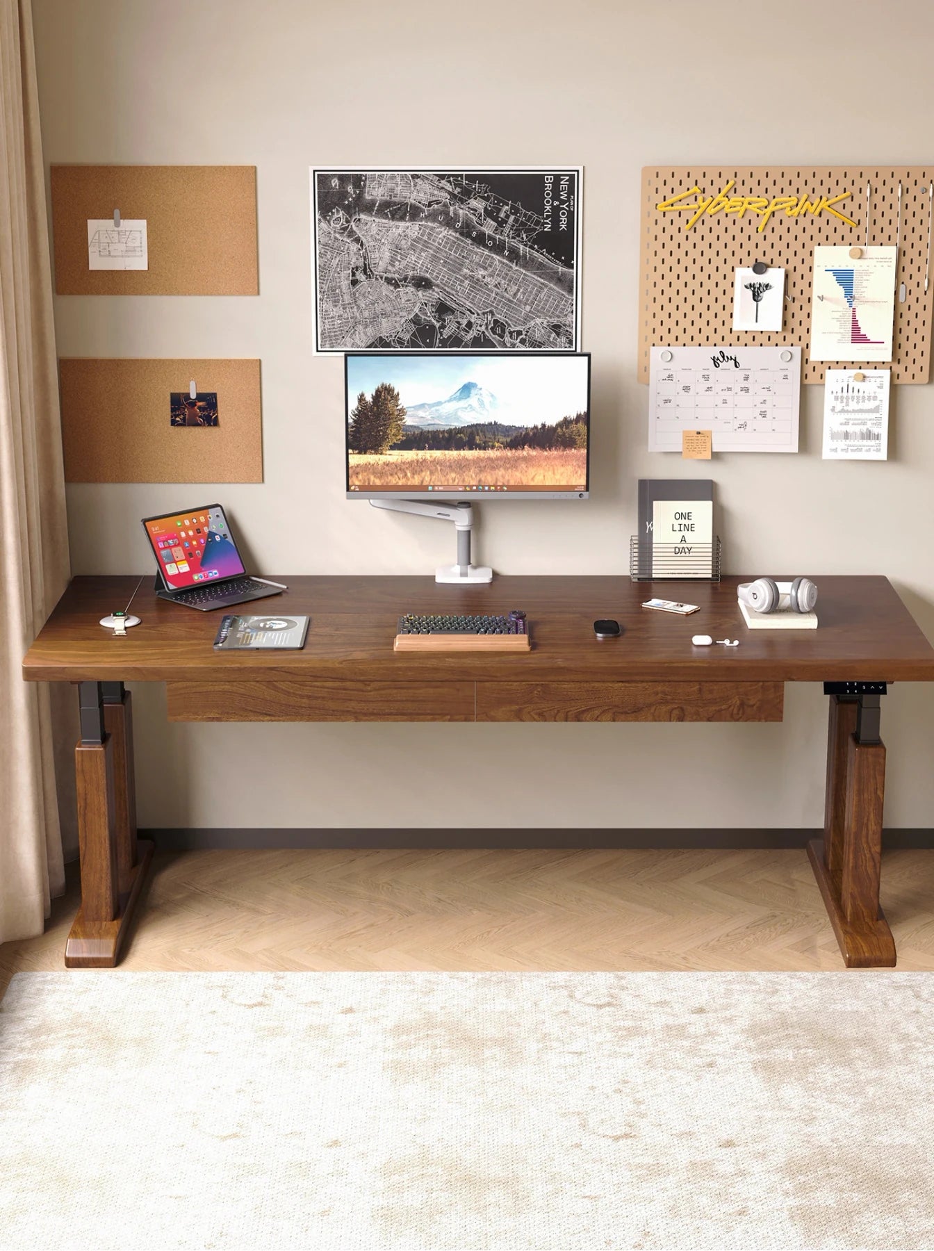 Wide TT28 height adjustable hardwood desk with monitor setup