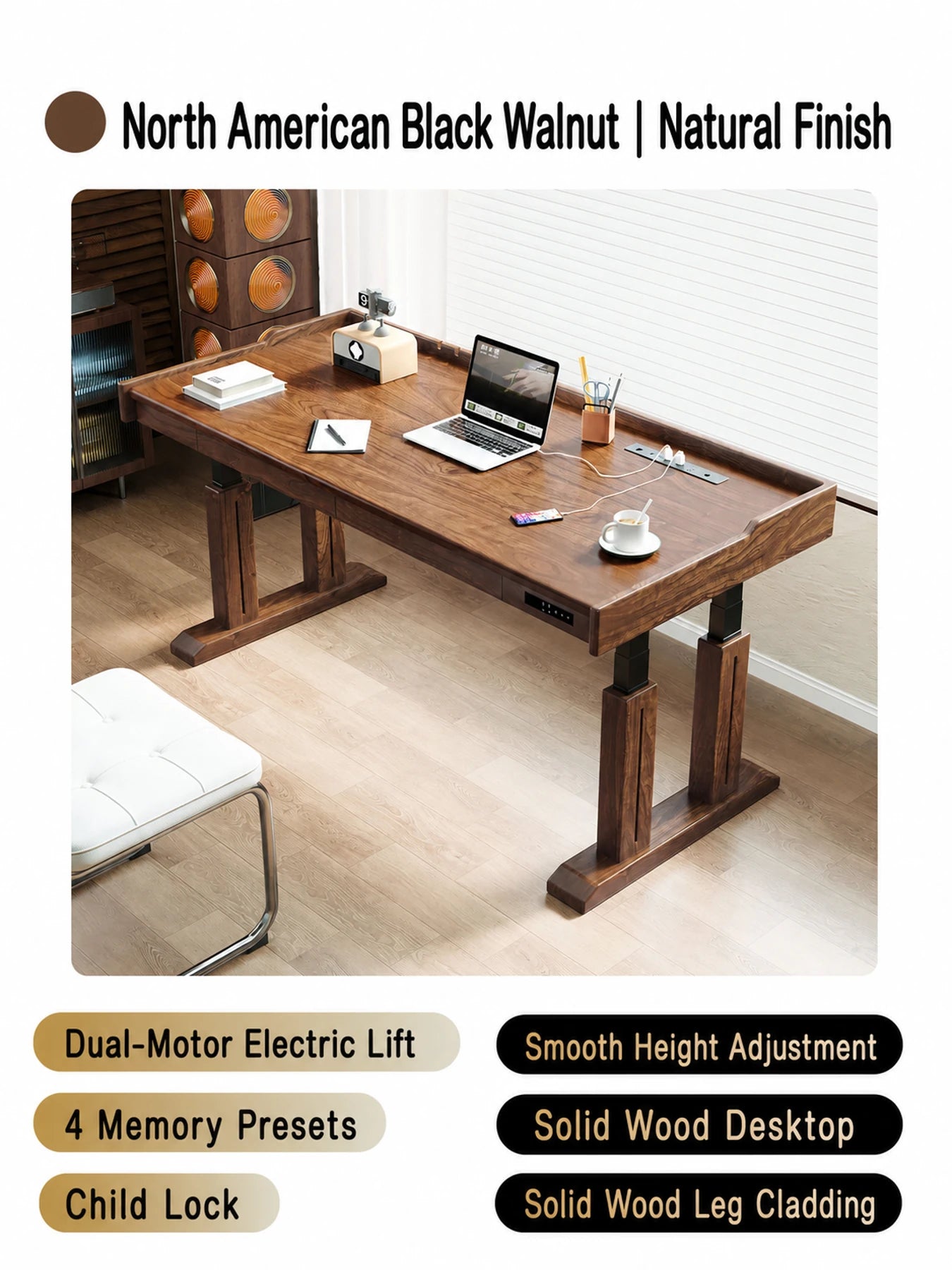 TT29 black walnut electric standing desk in natural finish