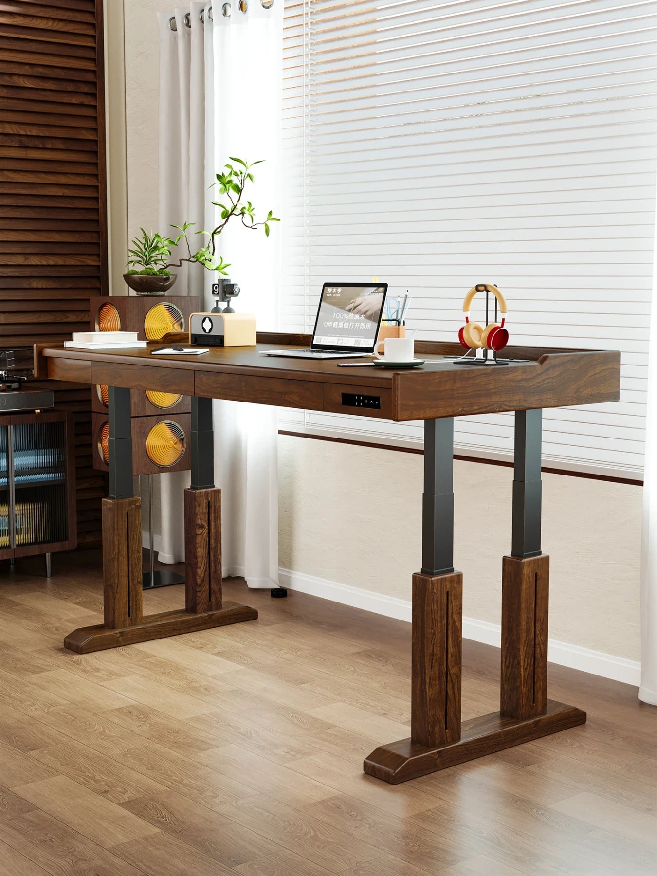 TT29 height adjustable hardwood desk in a bright home office