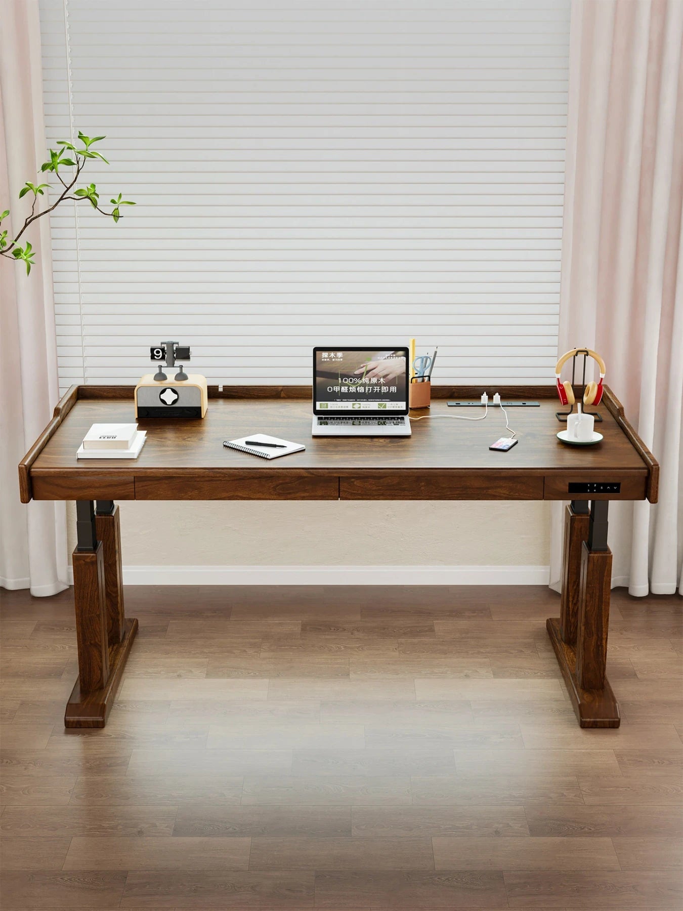 Wide TT29 electric standing desk with wood-clad legs