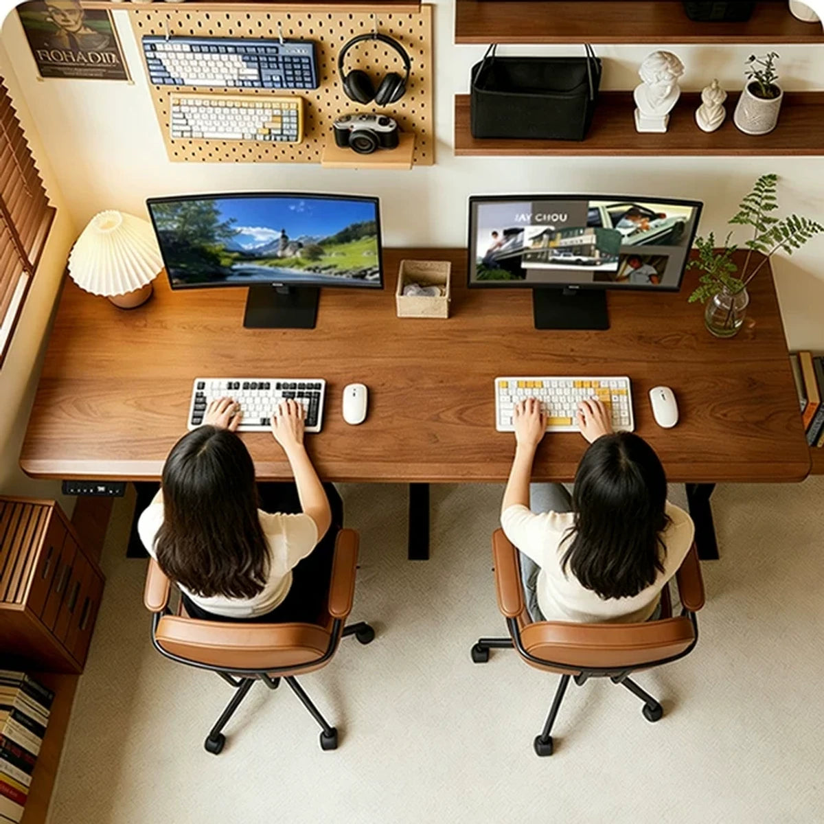 Two-person electric standing desk used as a wide shared workstation
