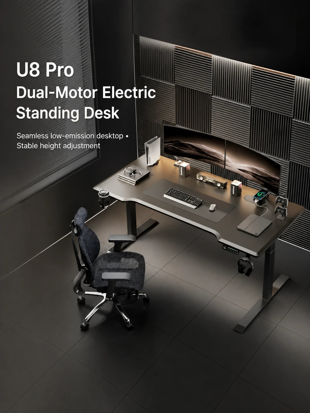 U8 Pro dual-motor electric standing desk in a modern gaming and home office setup