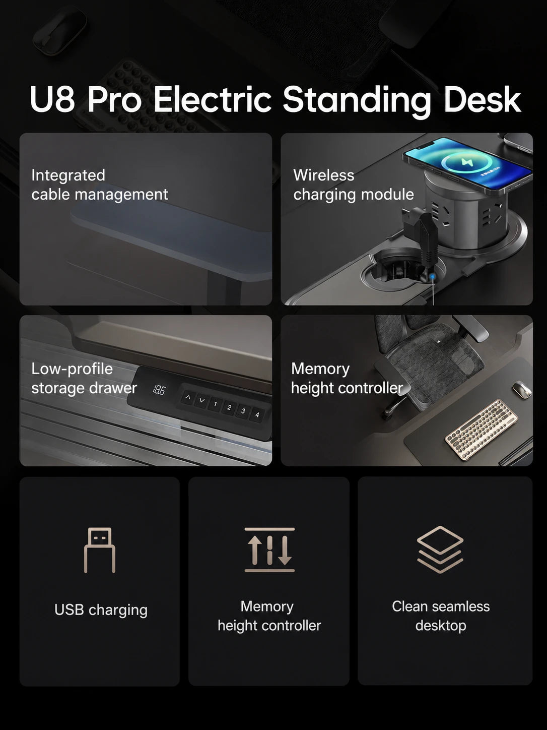 U8 Pro electric standing desk features including memory controls and cable management
