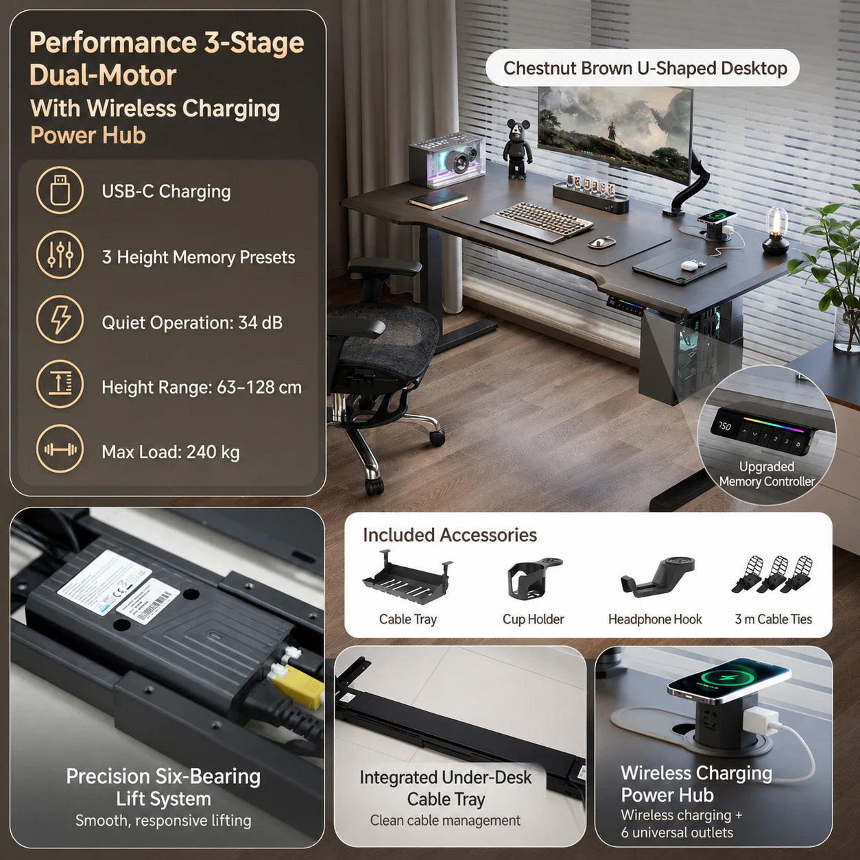Performance three-stage electric standing desk in chestnut brown with wireless power hub