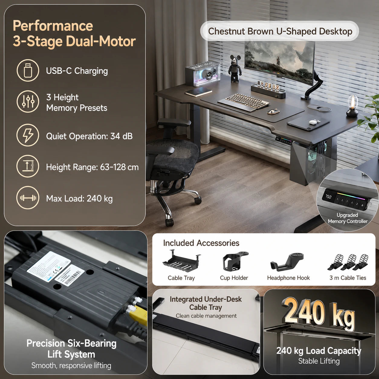 Performance three-stage electric standing desk in chestnut brown