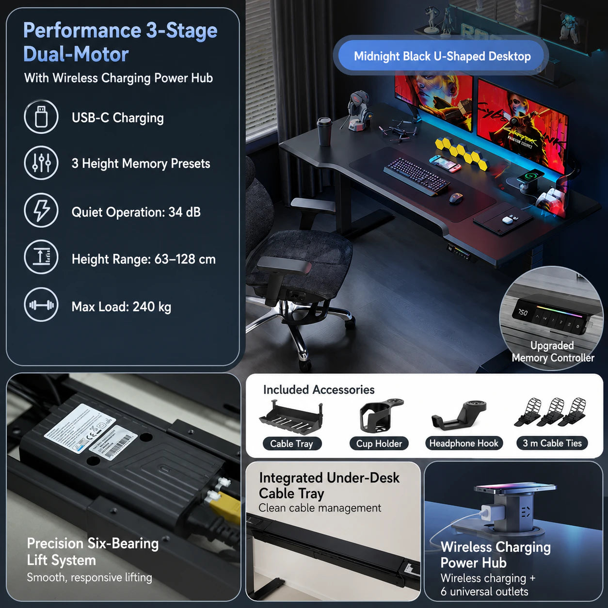Performance three-stage electric standing desk in midnight black with wireless power hub