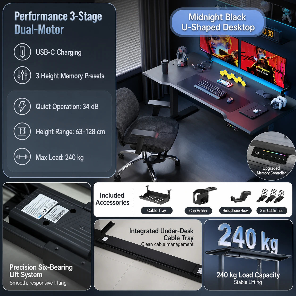 Performance three-stage electric standing desk in midnight black