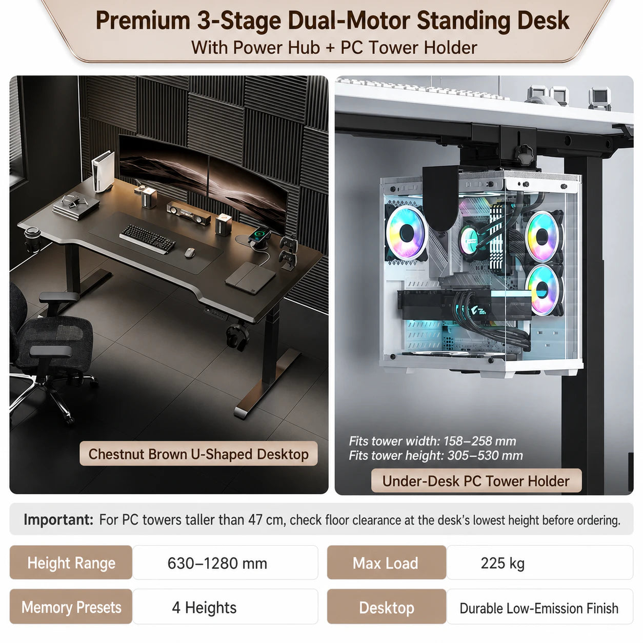 Premium three-stage chestnut brown standing desk with wireless power hub and PC tower holder