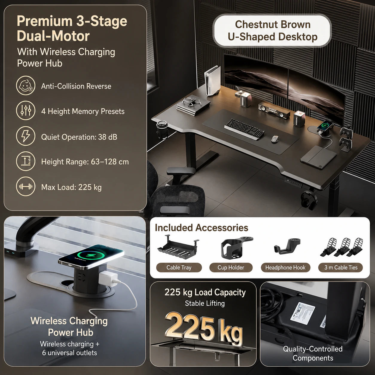 Premium three-stage chestnut brown standing desk with wireless power hub
