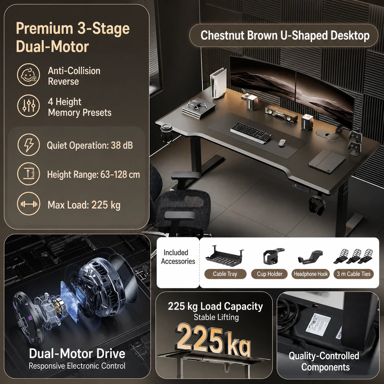 Premium three-stage electric standing desk in chestnut brown