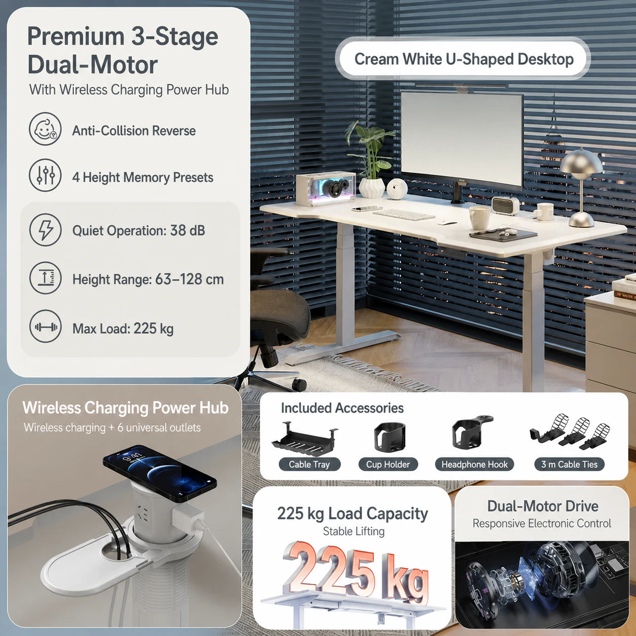 Premium three-stage cream white standing desk with wireless power hub