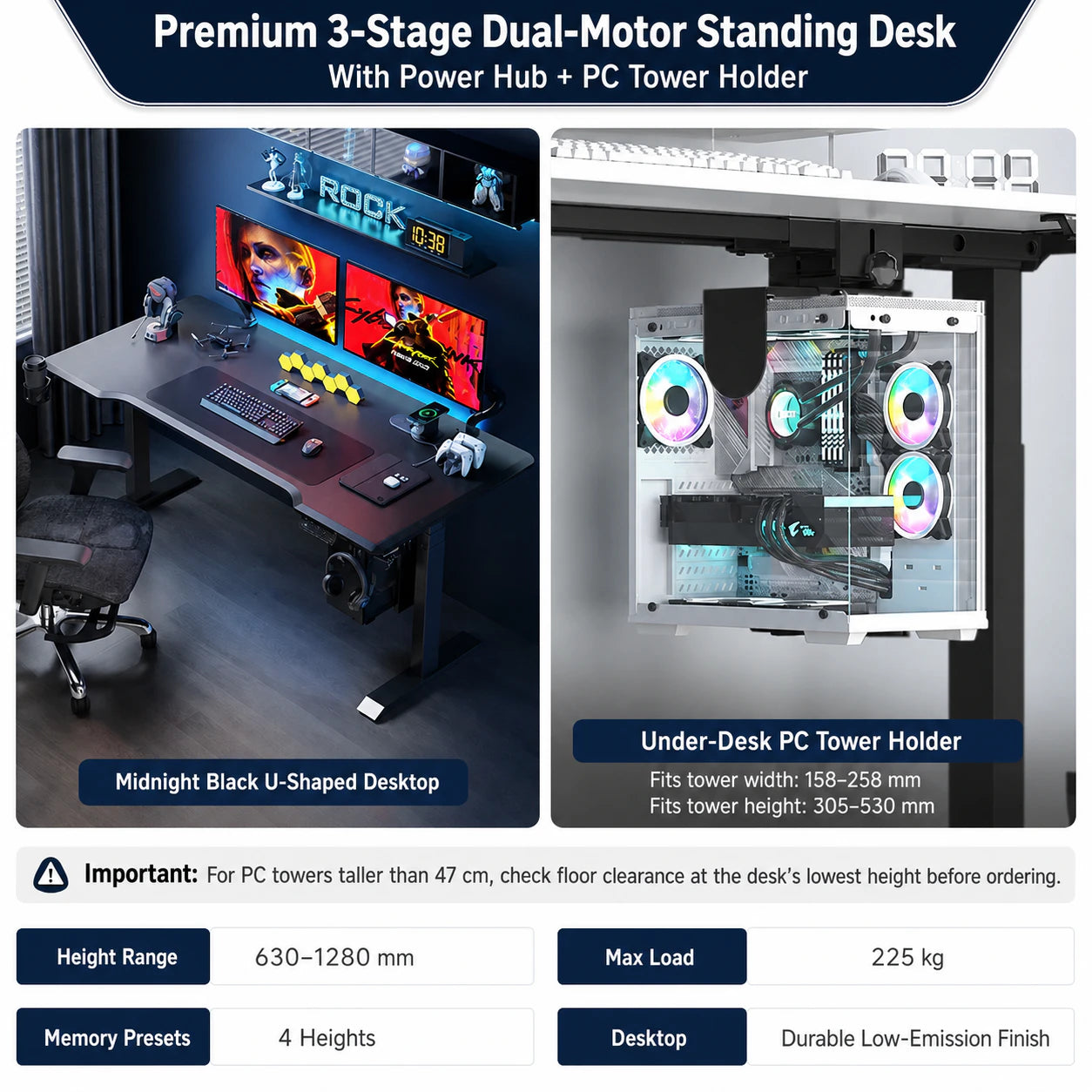 Premium three-stage midnight black standing desk with wireless power hub and PC tower holder