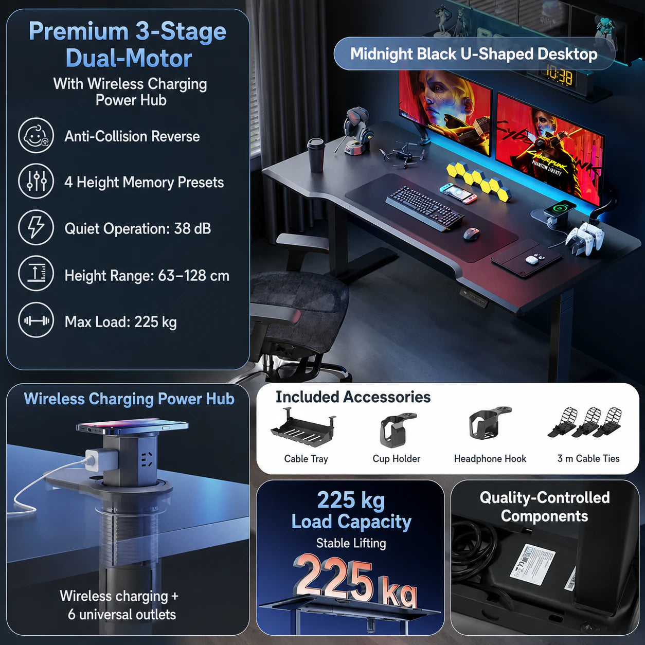 Premium three-stage midnight black standing desk with wireless power hub