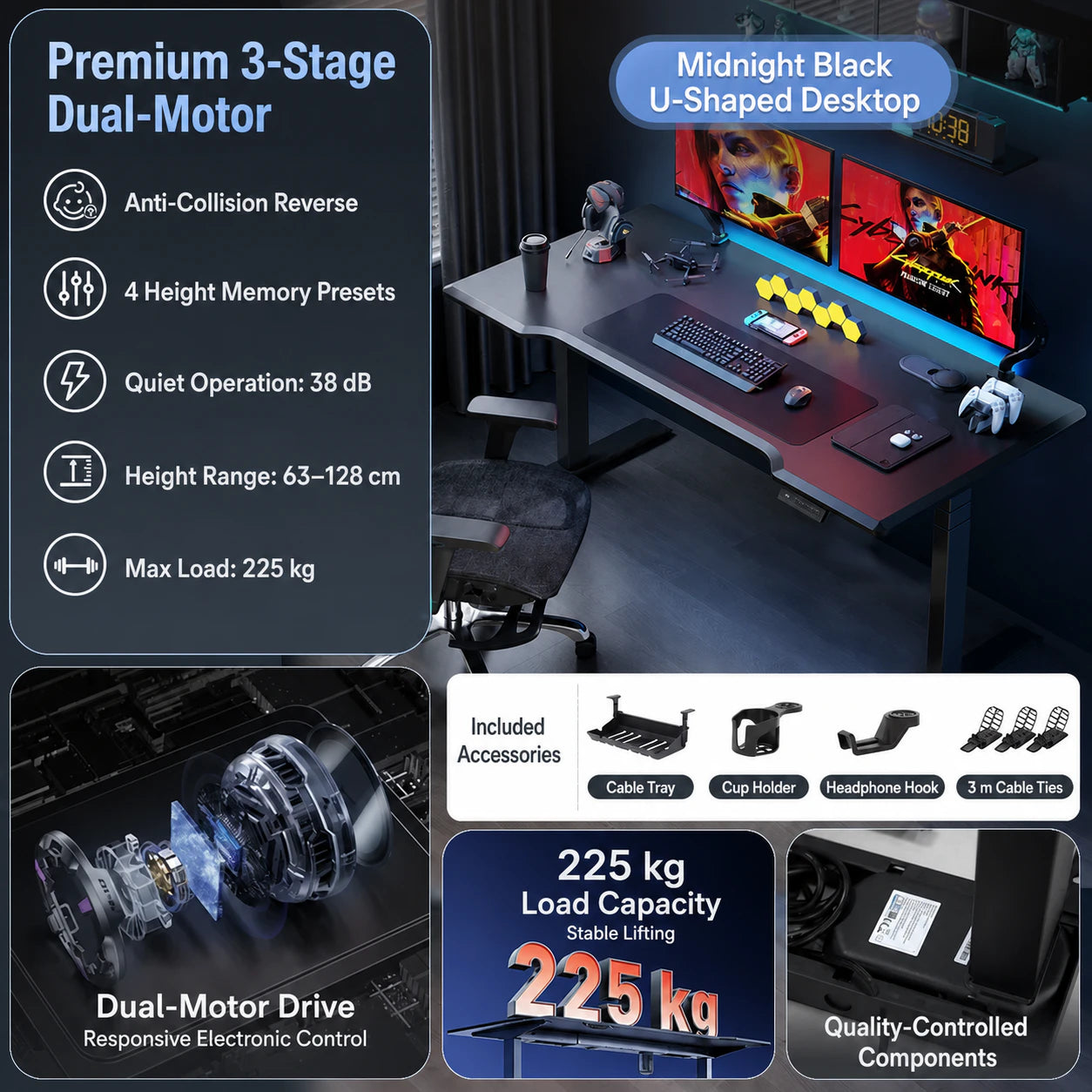 Premium three-stage electric standing desk in midnight black