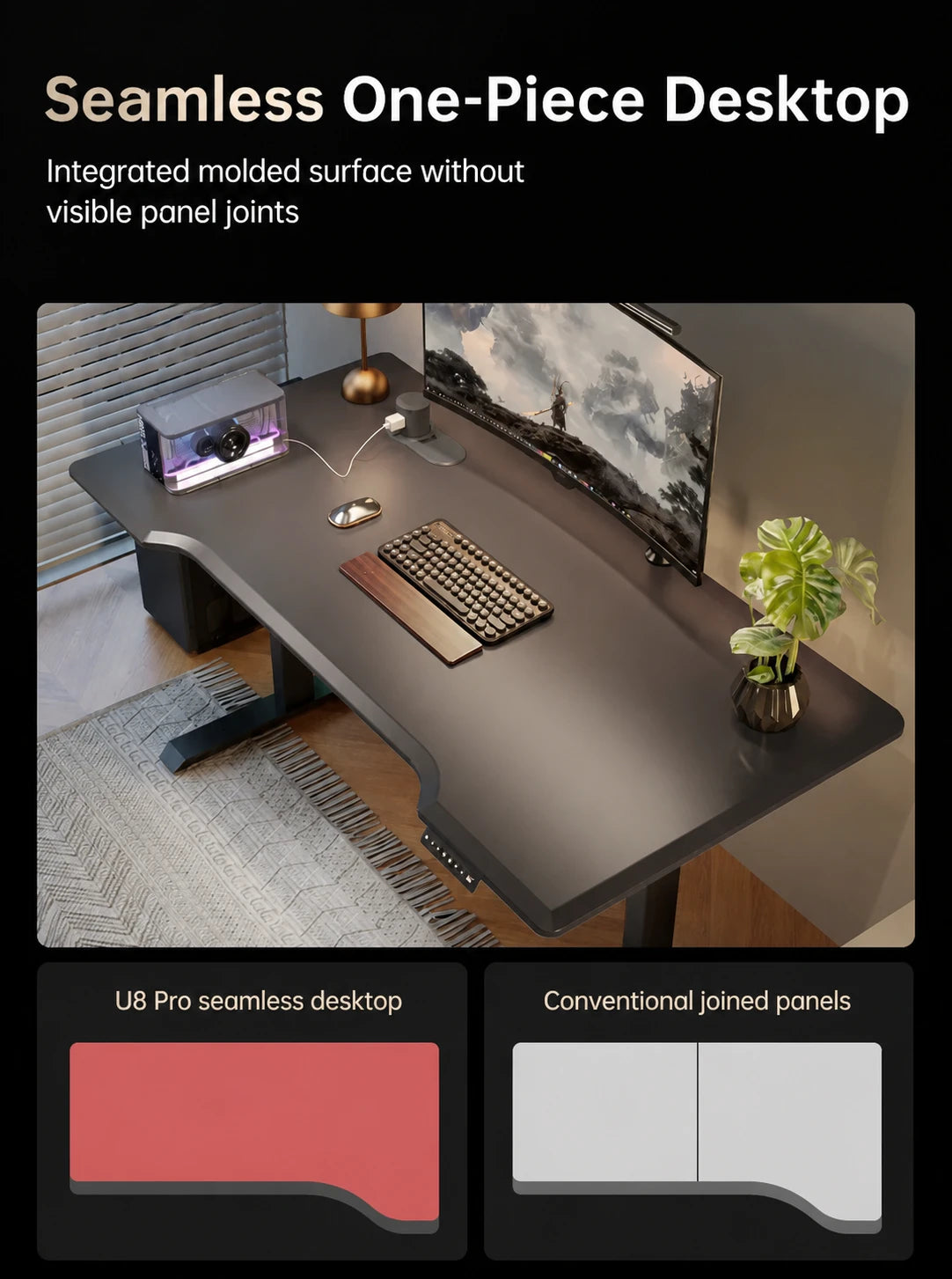 Seamless one-piece desktop on the U8 Pro height-adjustable standing desk