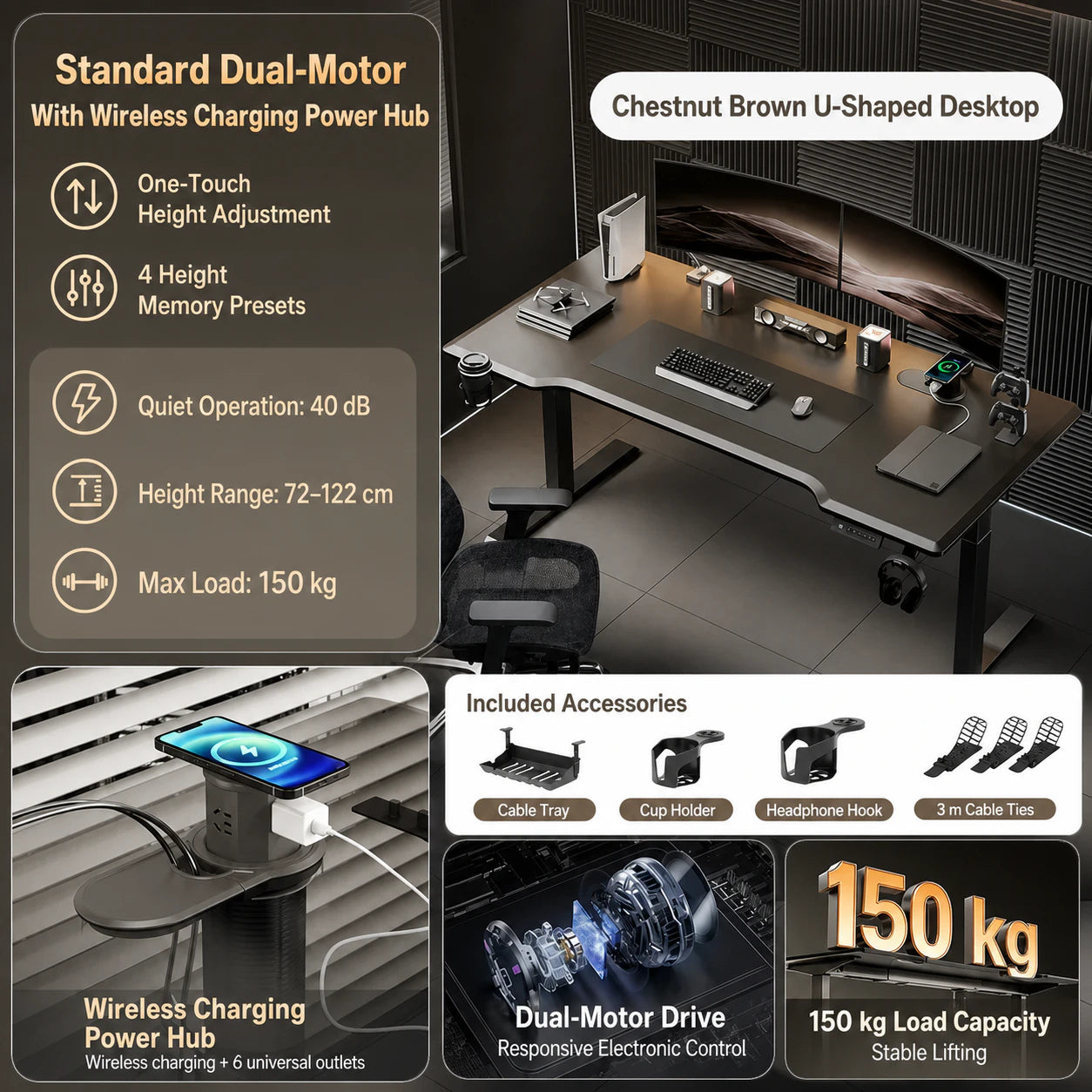 Standard dual-motor chestnut brown standing desk with wireless power hub