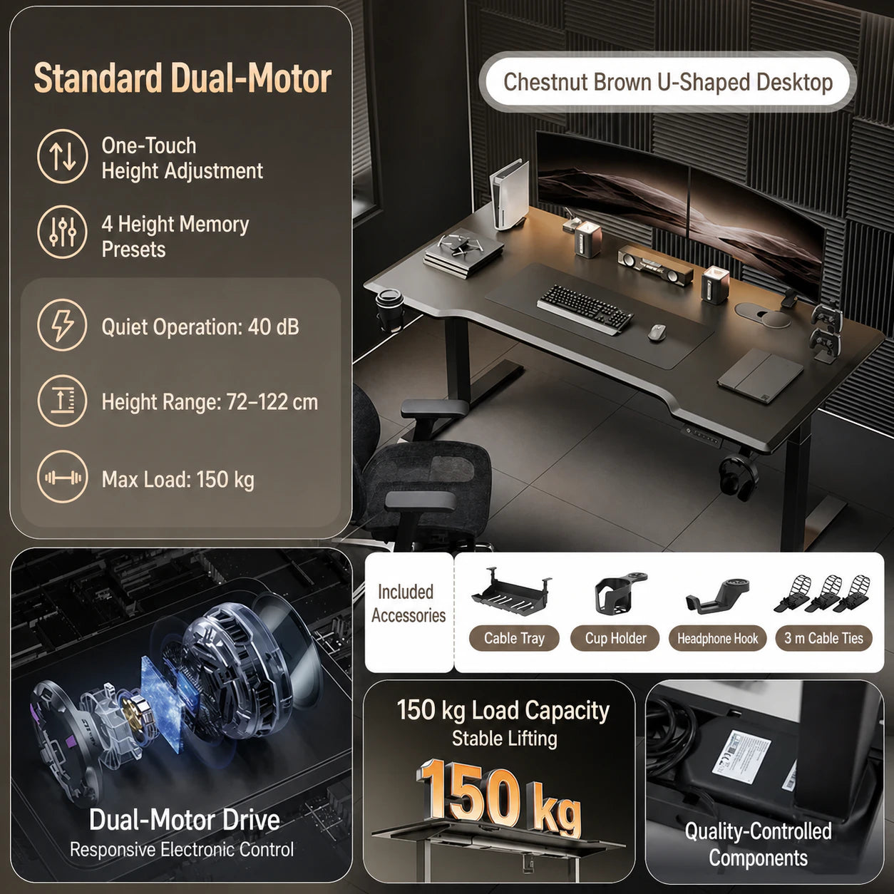 Standard dual-motor electric standing desk in chestnut brown