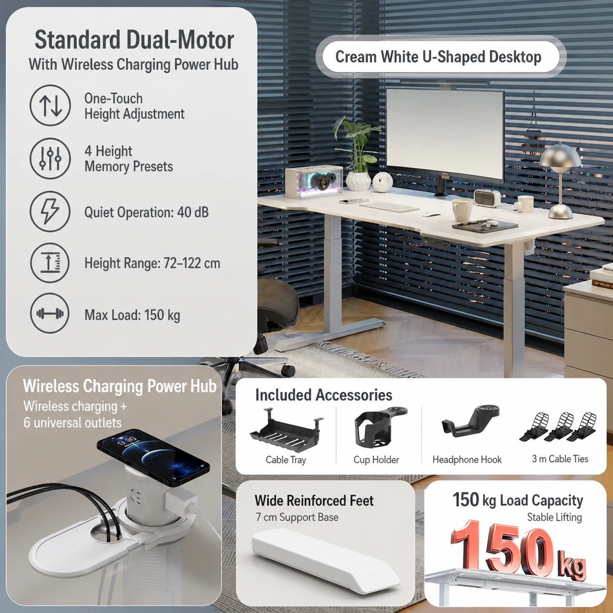 Standard dual-motor cream white standing desk with wireless power hub