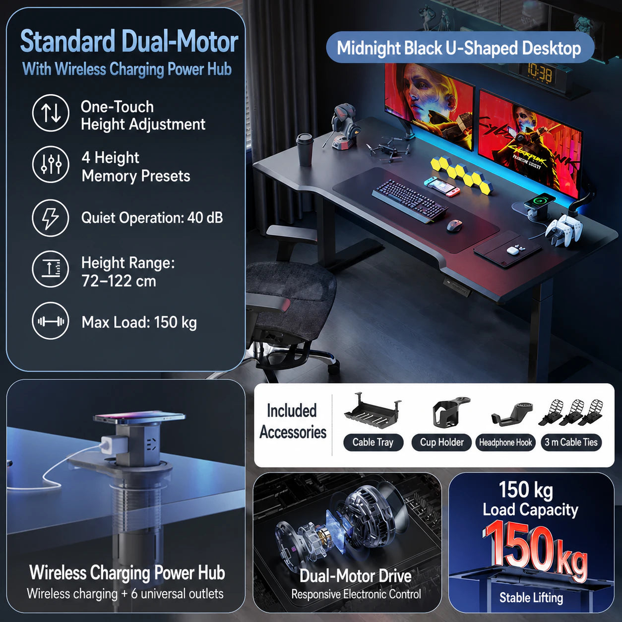 Standard dual-motor midnight black standing desk with wireless power hub