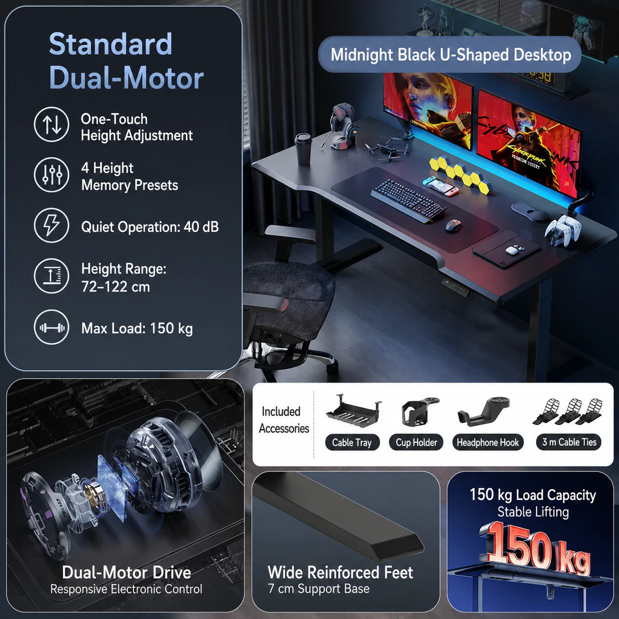 Standard dual-motor electric standing desk in midnight black