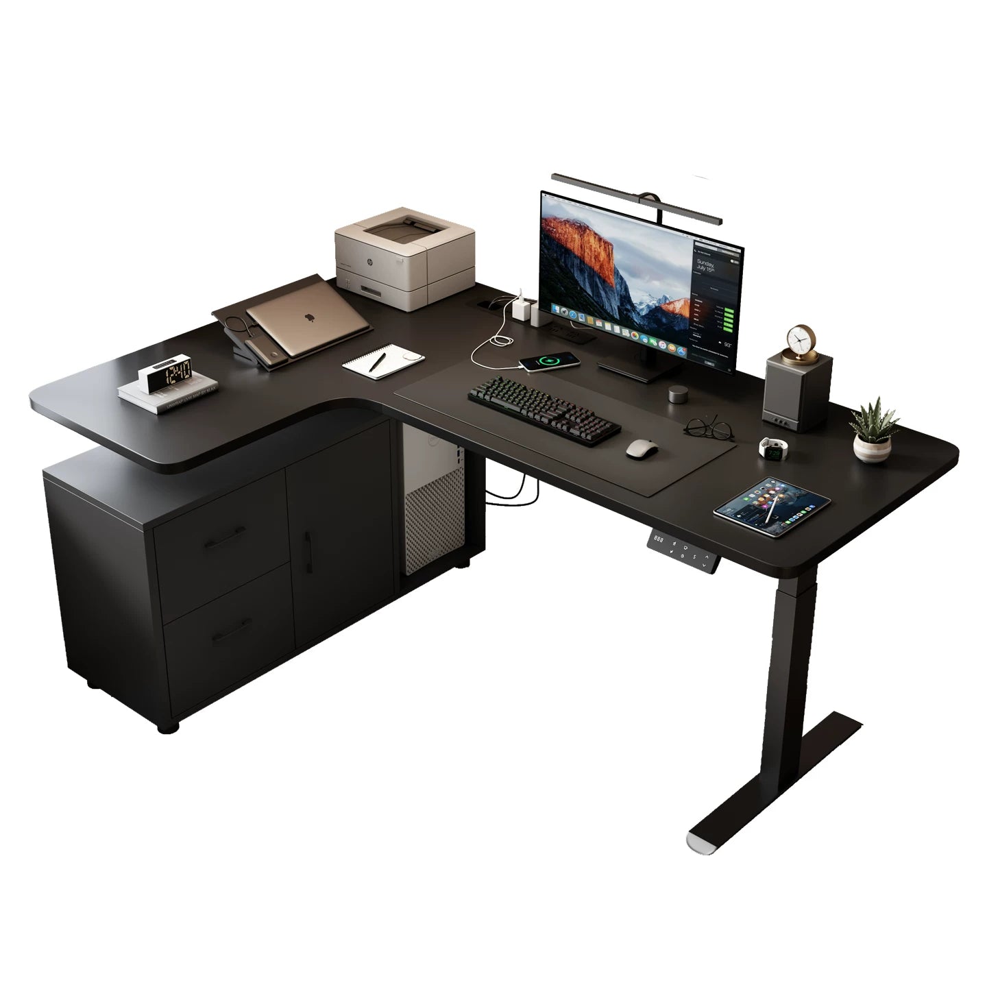 Deluxe solid wood standing desk with drawer cabinet left return
