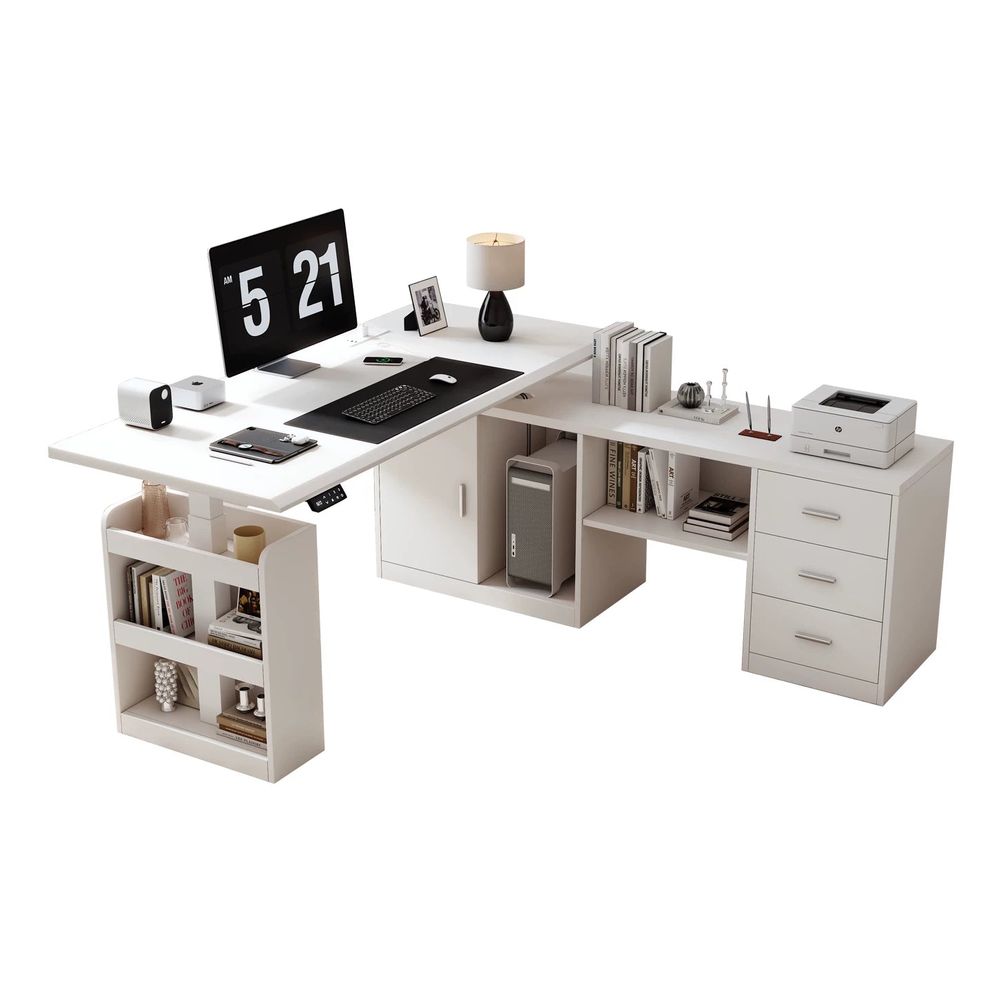 Saddle leather standing desk with 160 cm cabinet right return