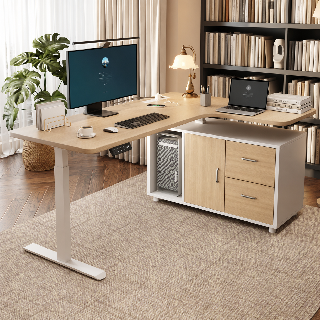 Flagship solid wood L-shaped standing desk with drawer storage and right return