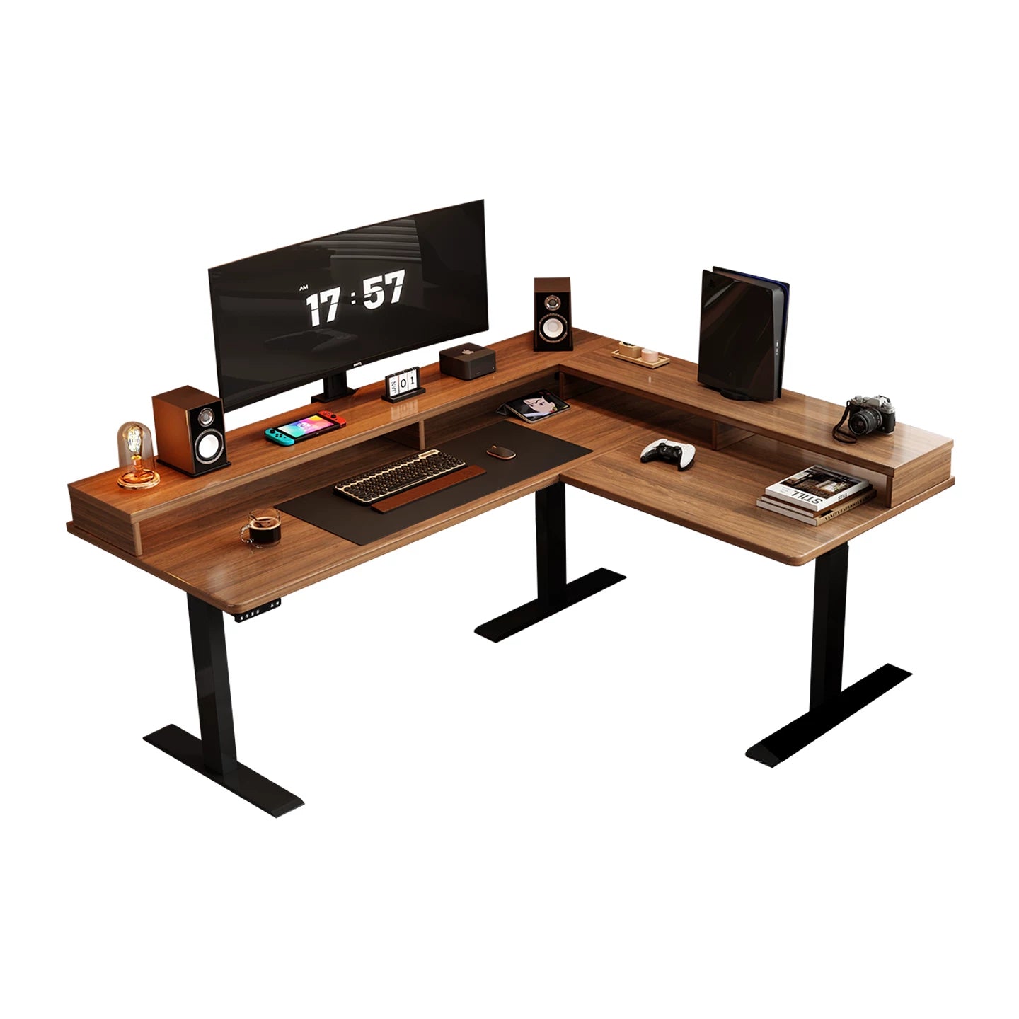 Walnut solid wood desk with shelf and power outlet right return