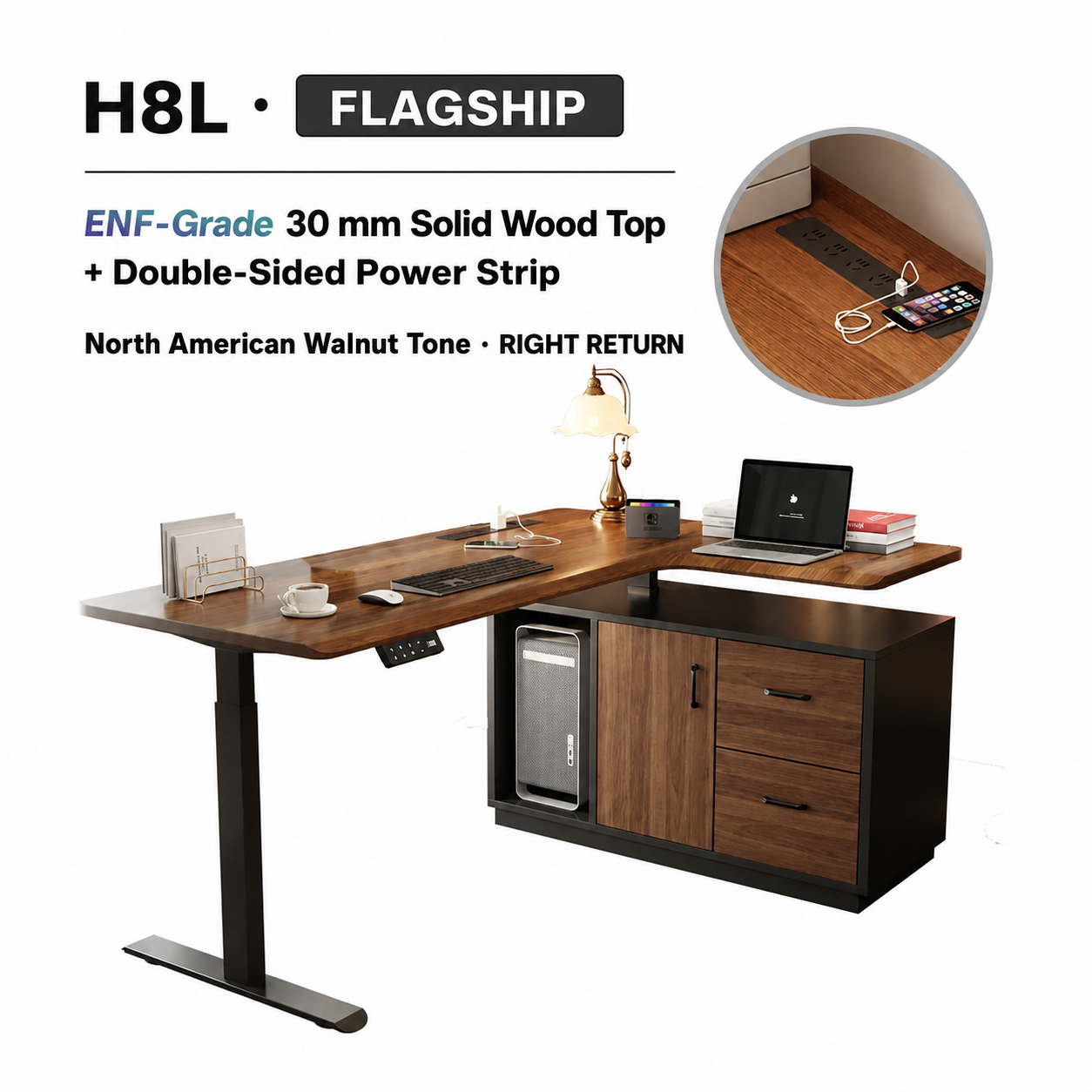Flagship solid wood L-shaped standing desk with drawer and right return
