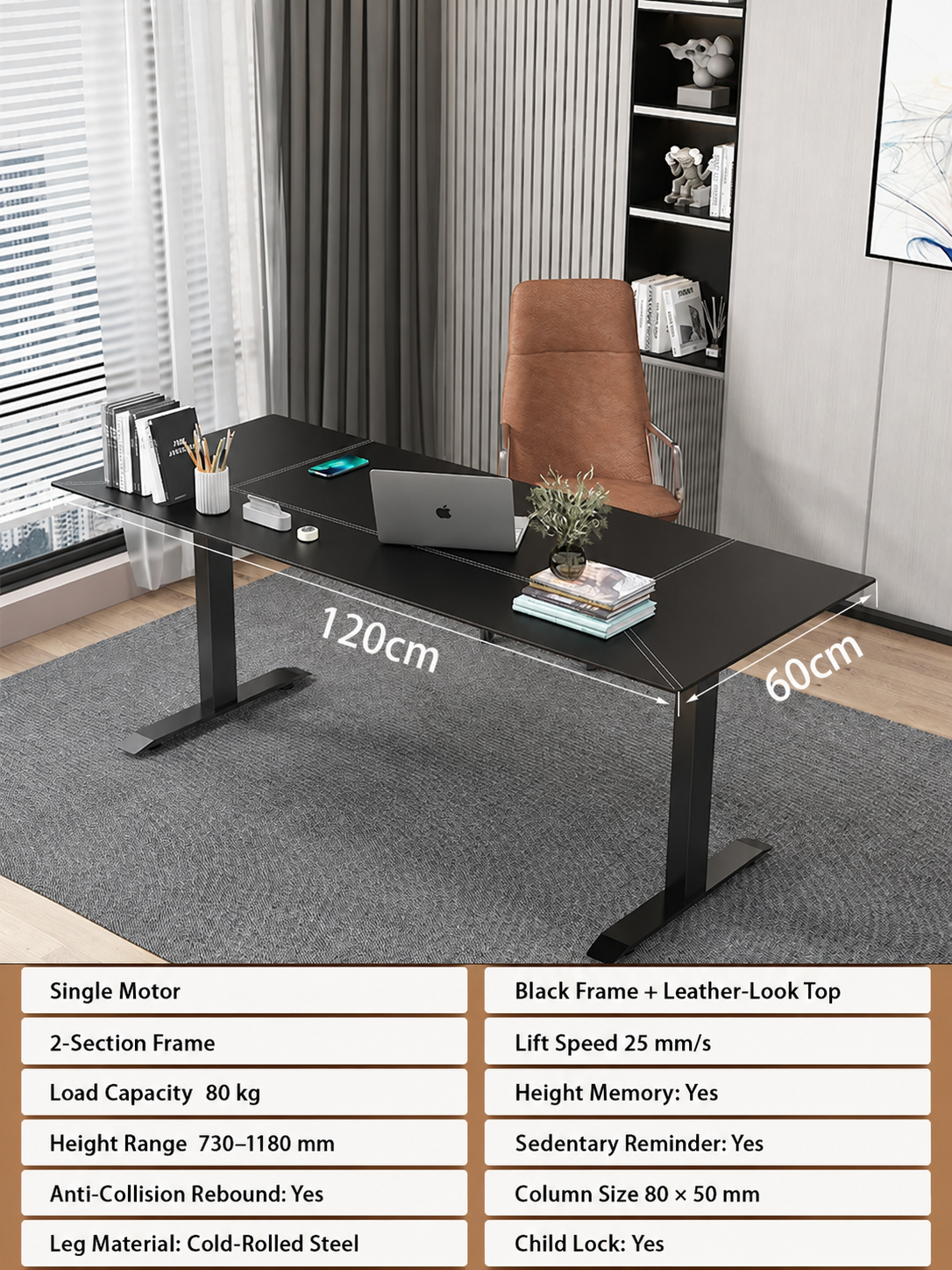 Black Leather-Look Electric Standing Desk in Nine Sizes - Single Motor / 120 x 60 cm (47.2 x 23.6 in)